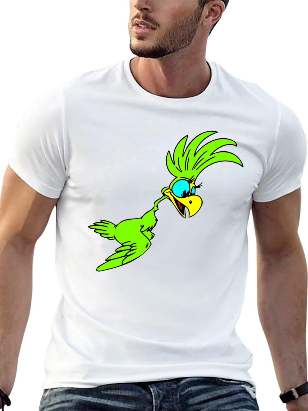 Green Bird Cartoon Black T-Shirt