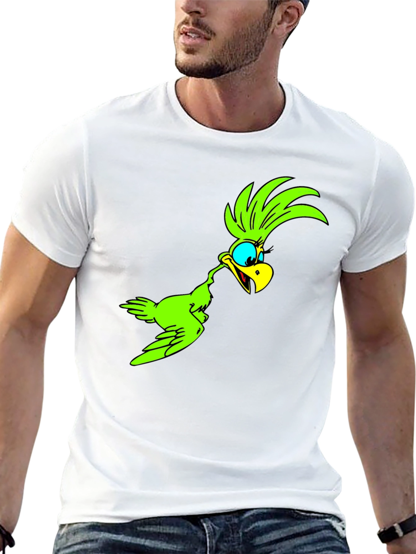 Green Bird Cartoon Black T-Shirt