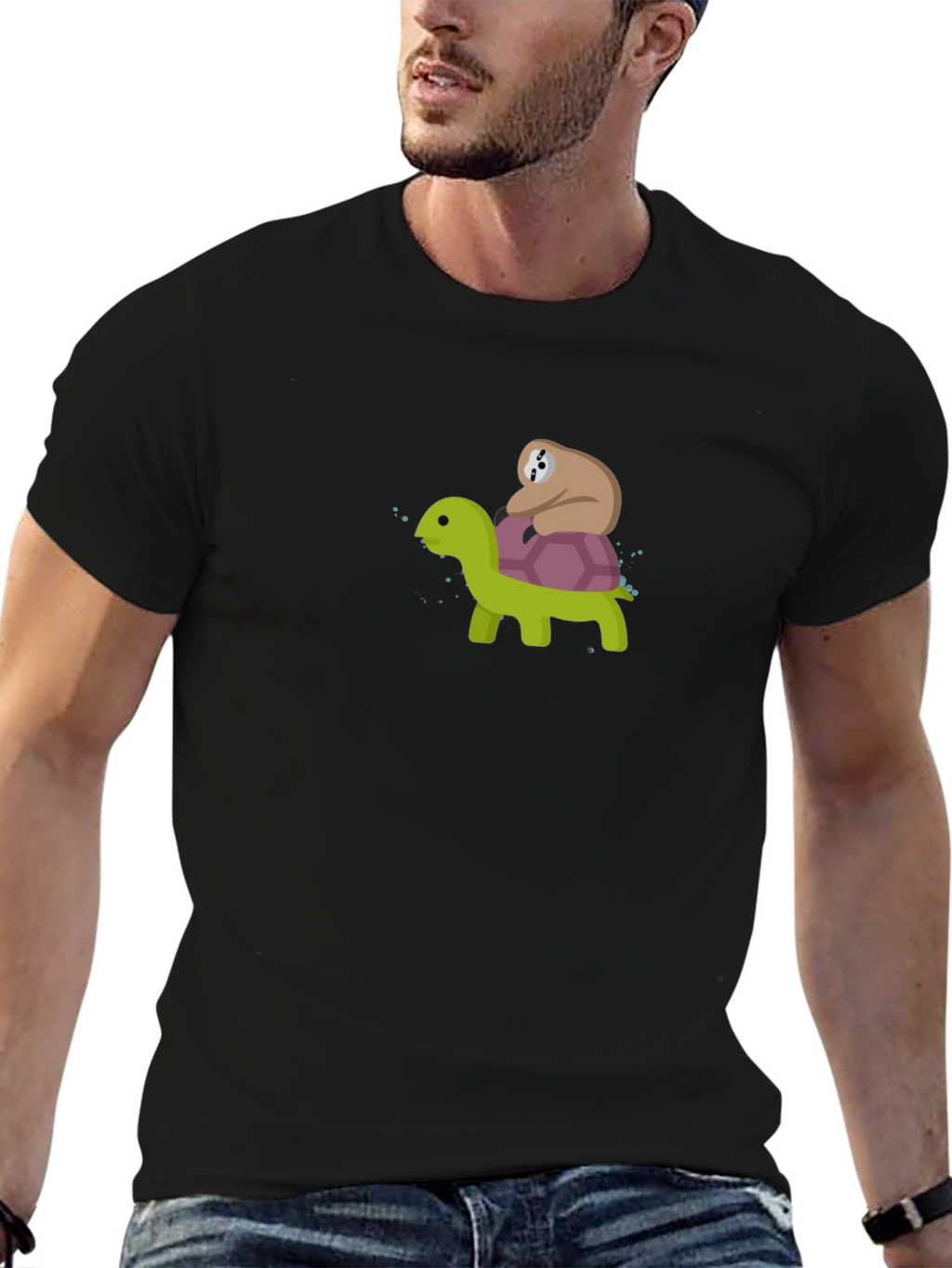 Sloth Riding Turtle Graphic Tee - Black Cotton T-Shirt
