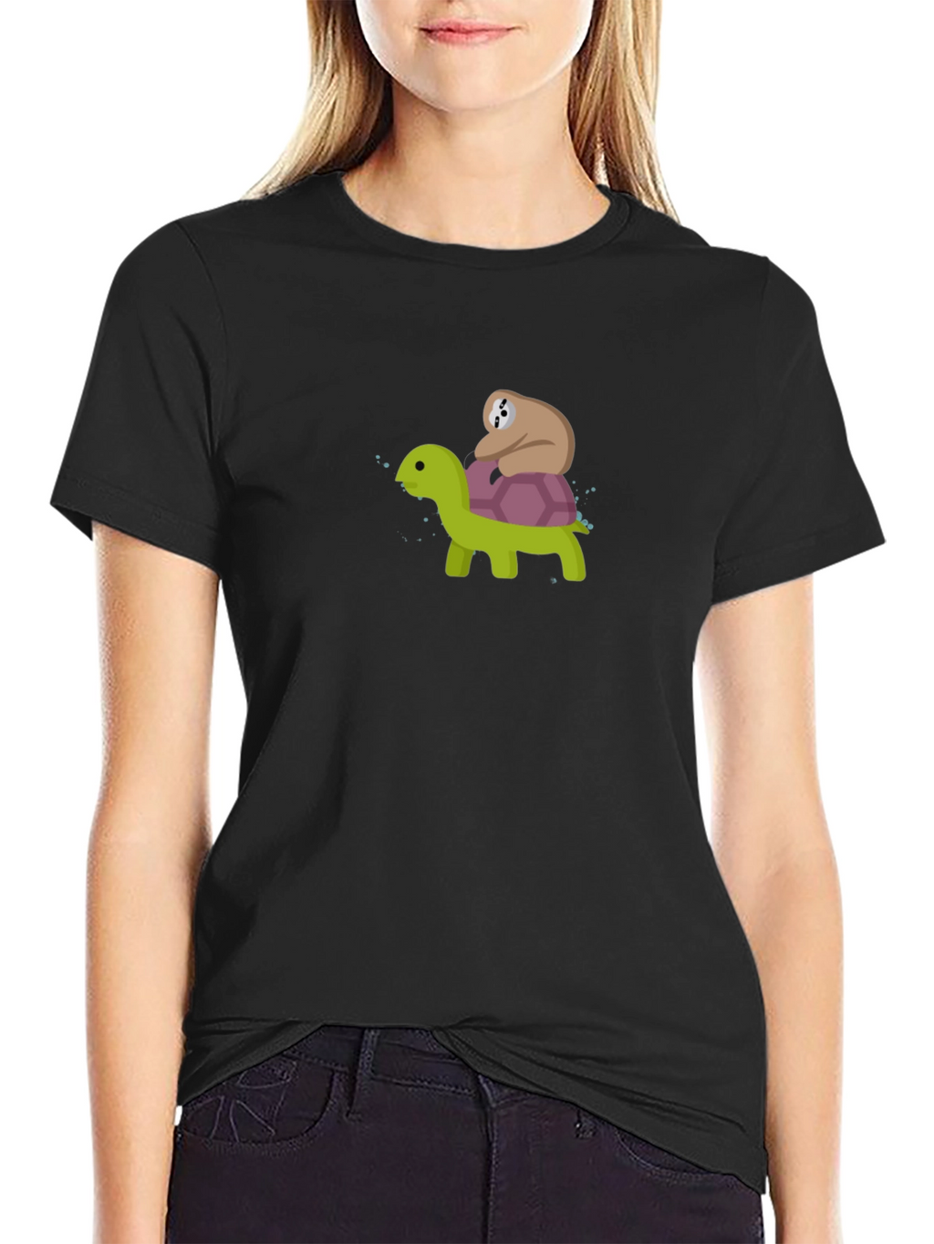 Sloth Riding Turtle Graphic Tee - Black Cotton T-Shirt