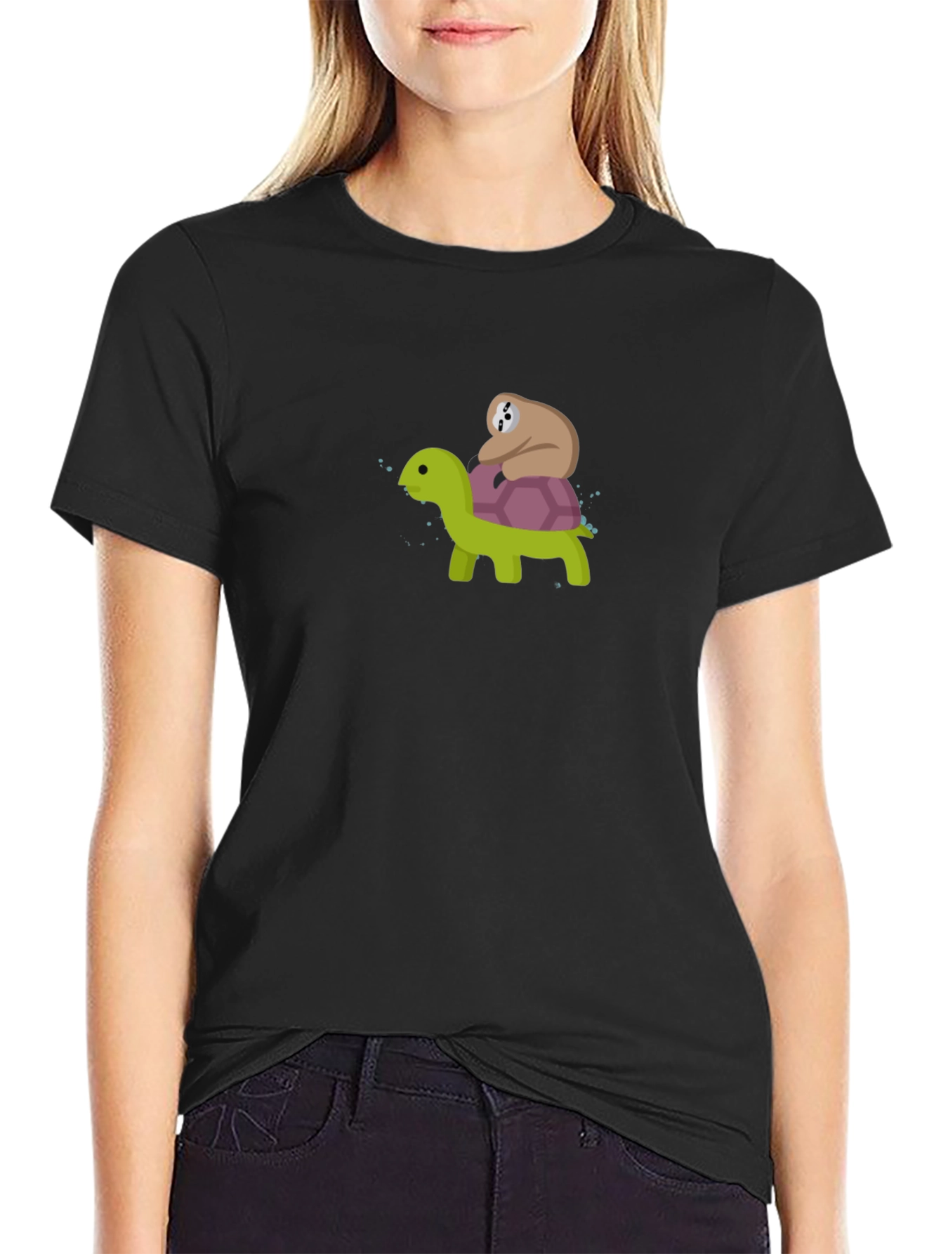 Sloth Riding Turtle Graphic Tee - Black Cotton T-Shirt