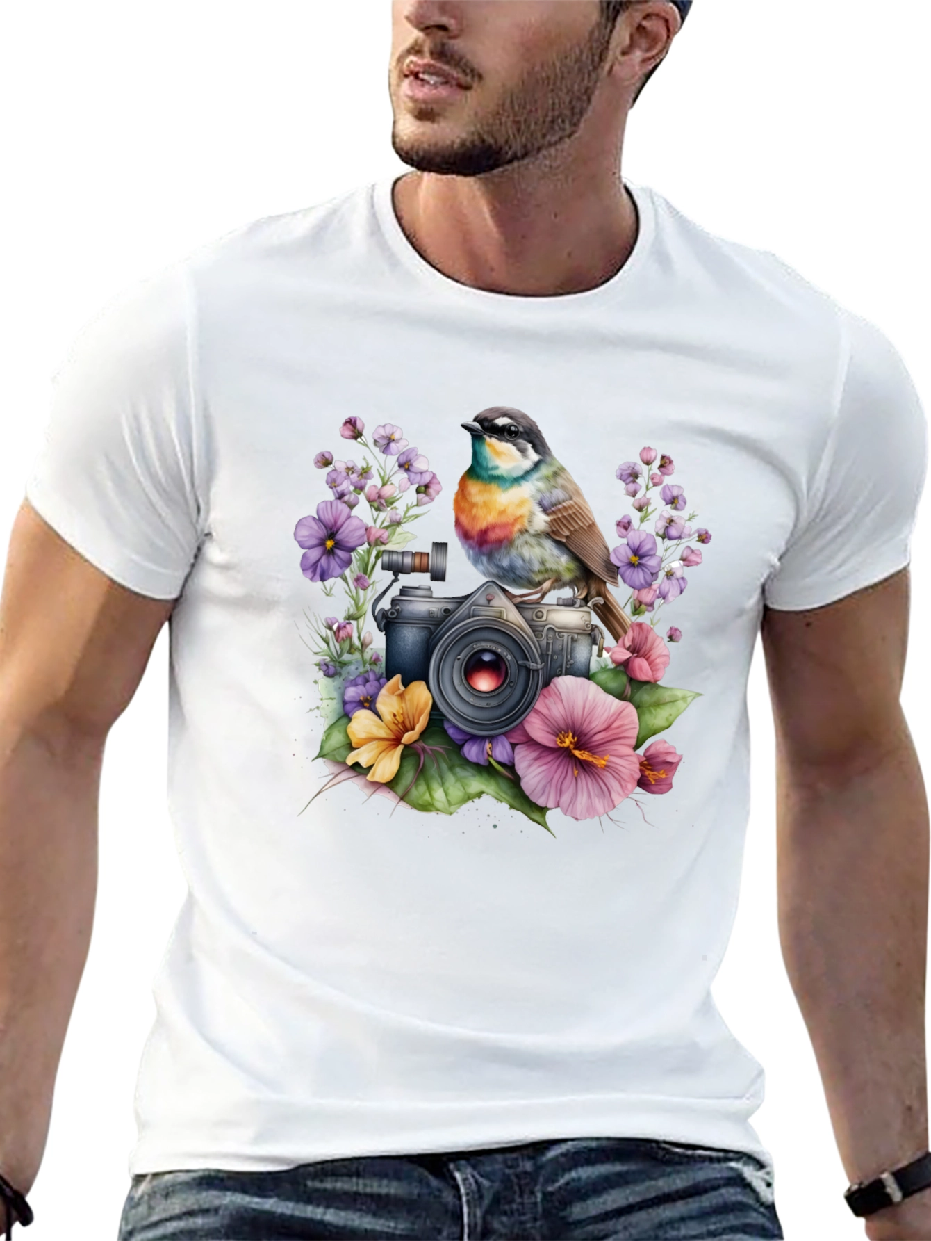 Floral Camera Bird T-Shirt - Nature Photography
