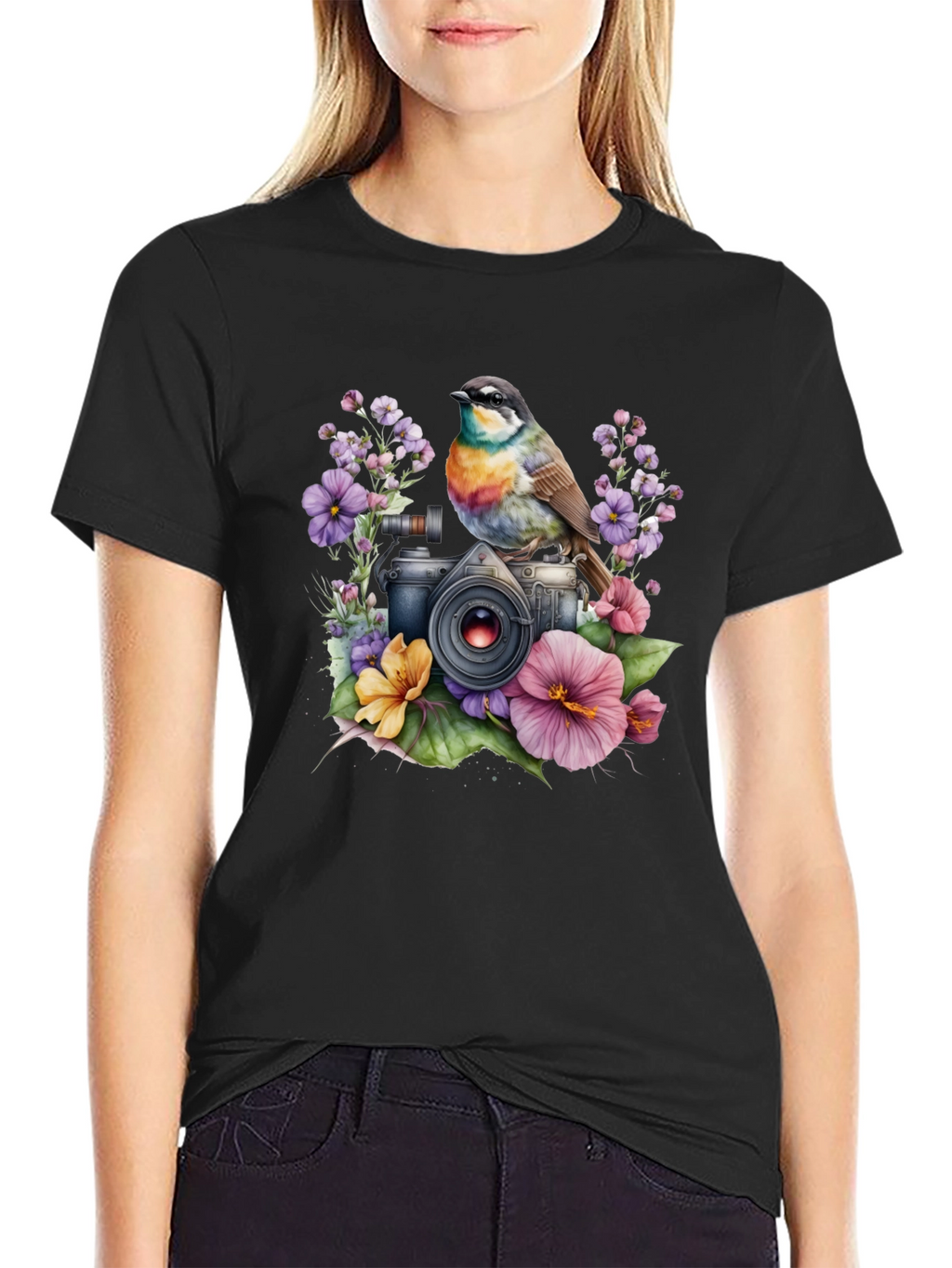 Floral Camera Bird T-Shirt - Nature Photography