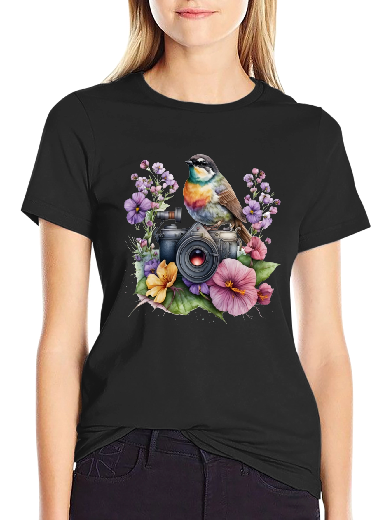 Floral Camera Bird T-Shirt - Nature Photography