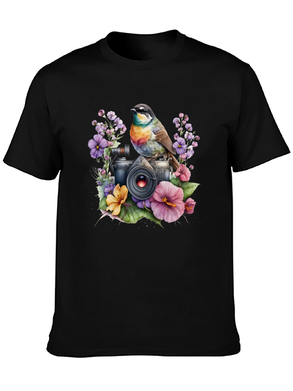 Floral Camera Bird T-Shirt - Nature Photography