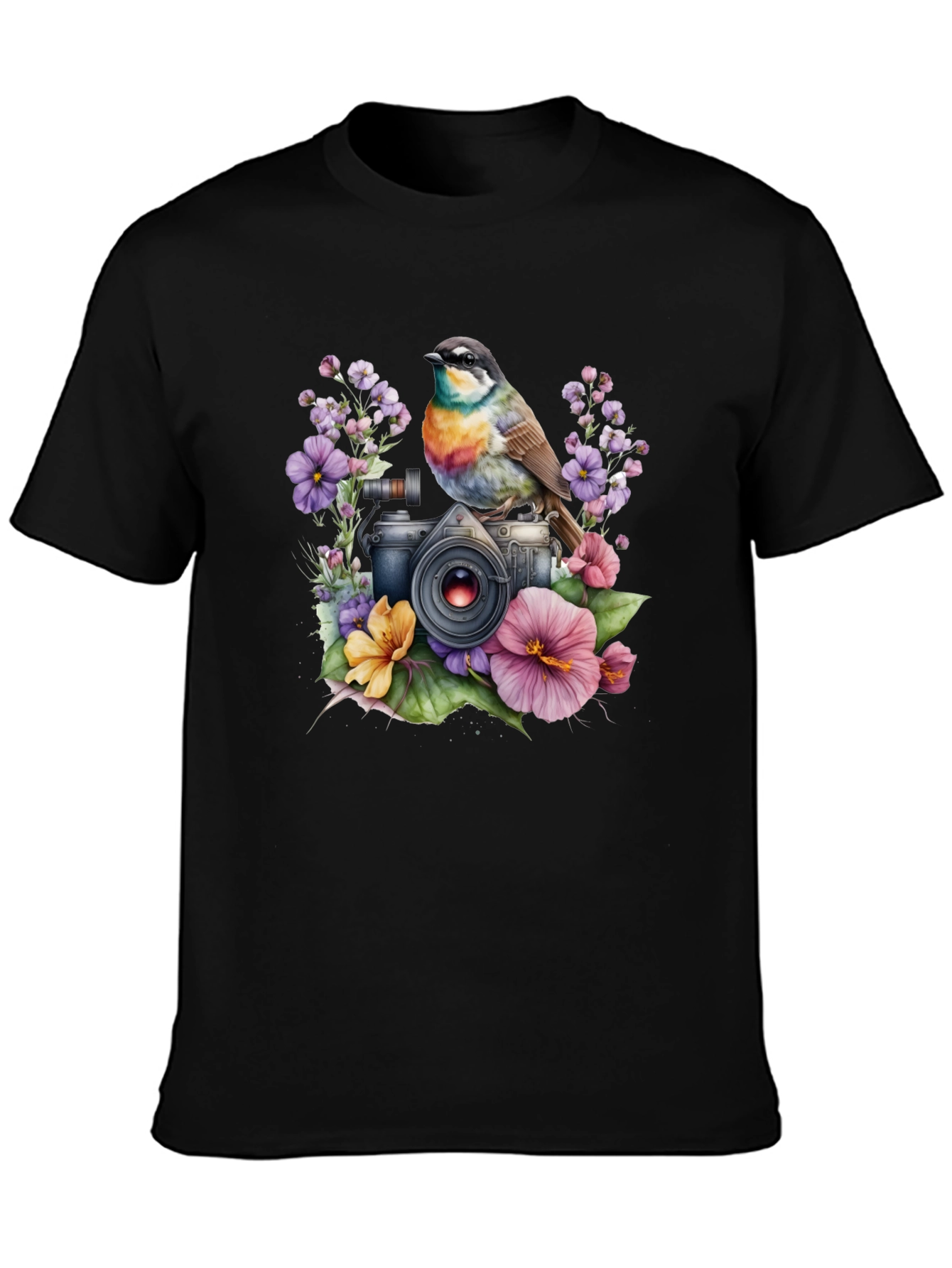 Floral Camera Bird T-Shirt - Nature Photography