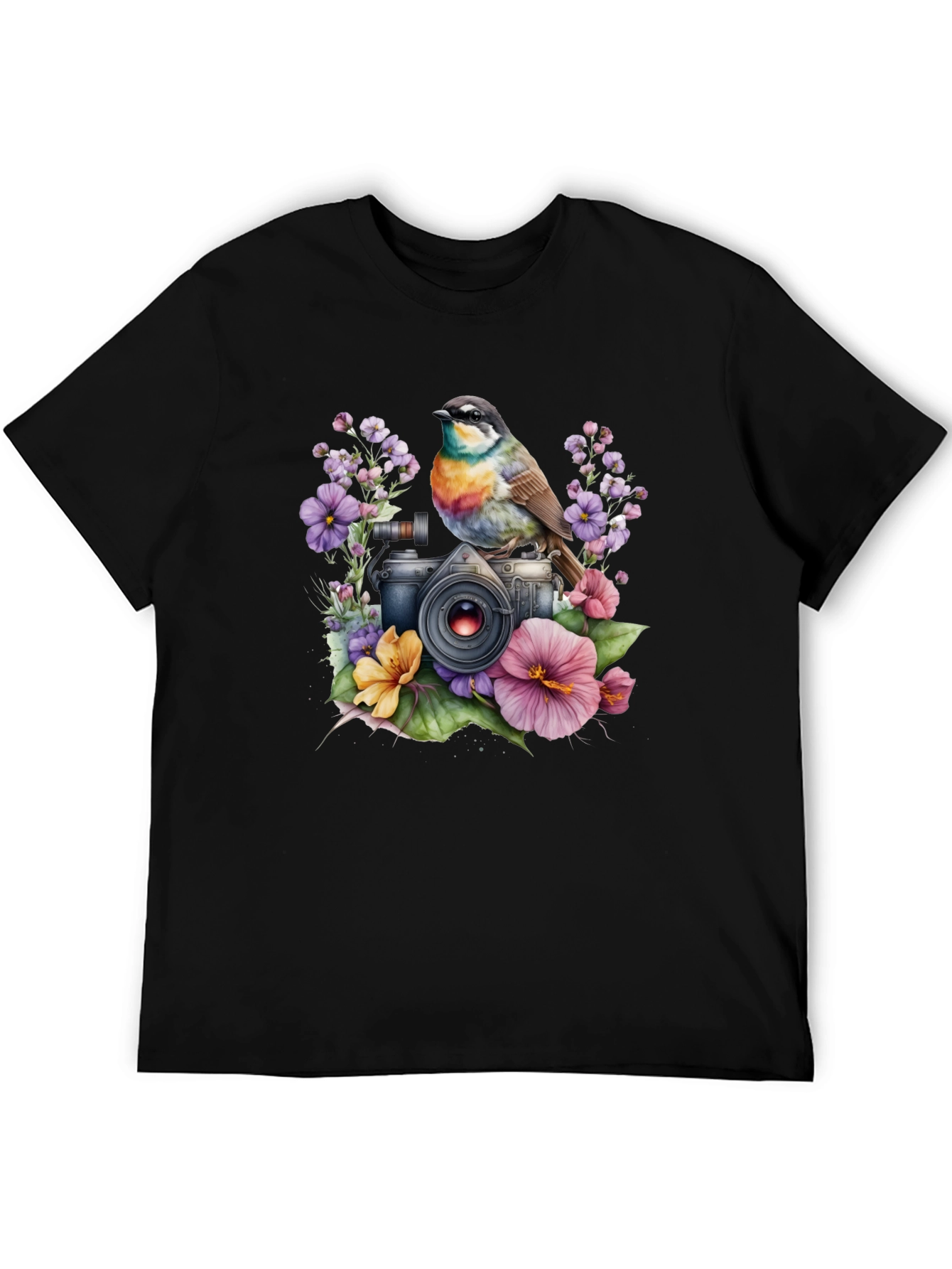 Floral Camera Bird T-Shirt - Nature Photography