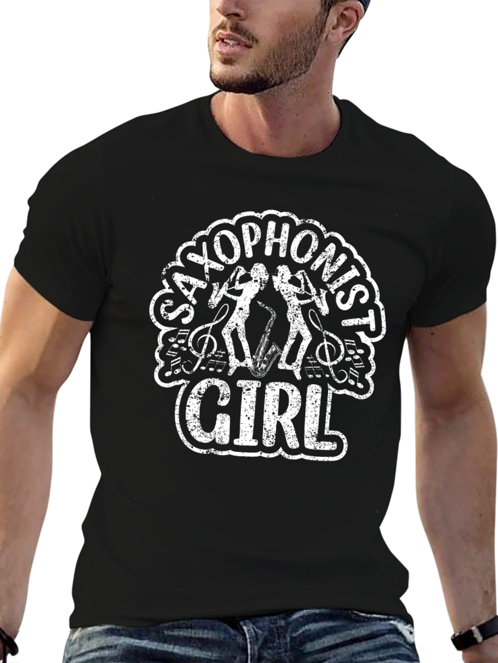 Saxophonist Girl Graphic T-Shirt Black Cotton Tee