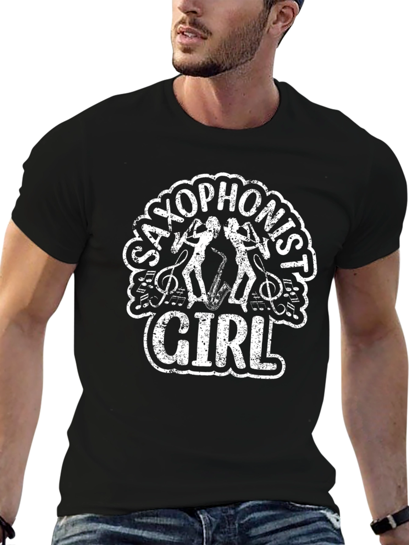 Saxophonist Girl Graphic T-Shirt Black Cotton Tee