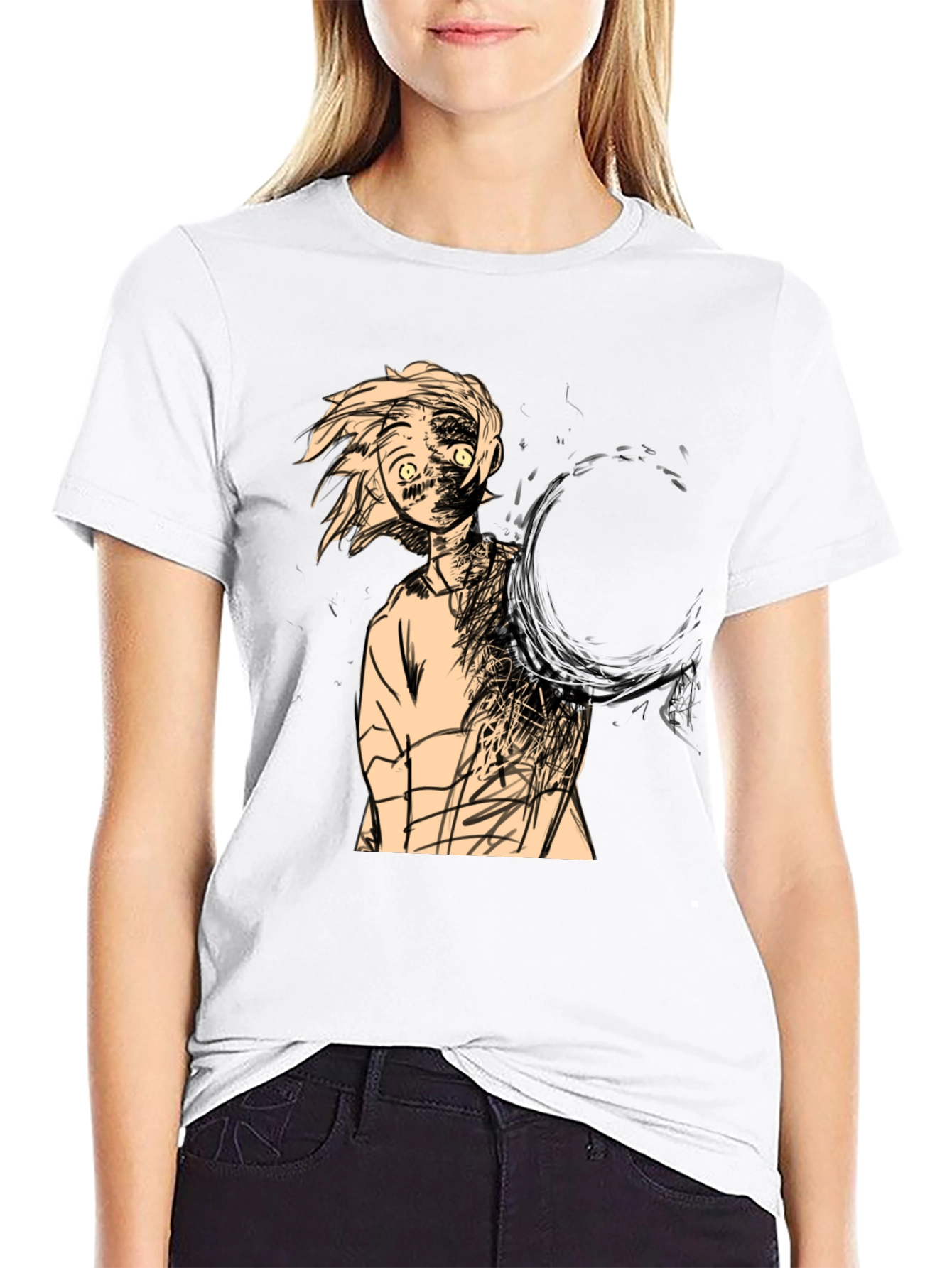 Anime-Style Graphic Print Black T-Shirt