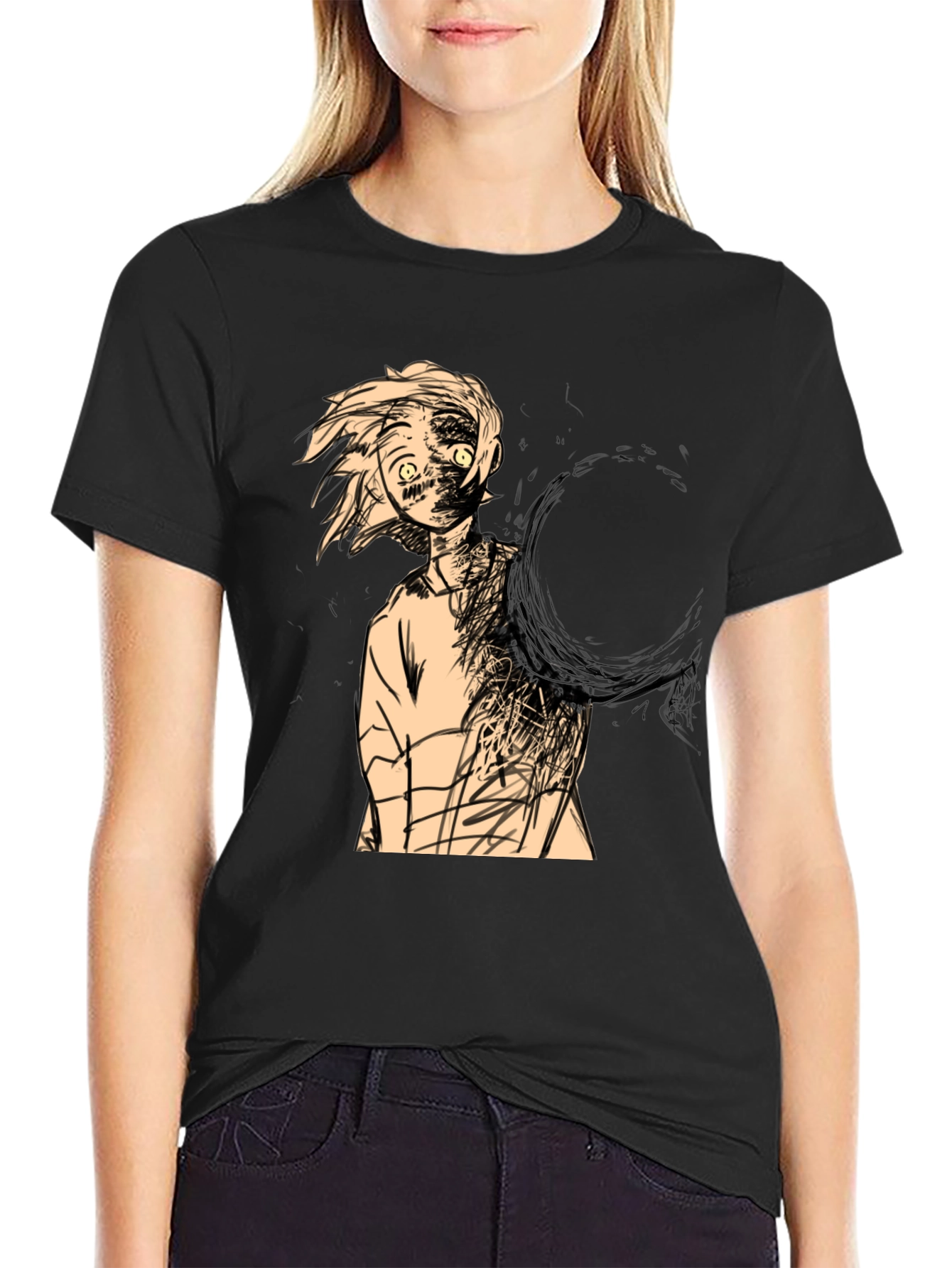 Anime-Style Graphic Print Black T-Shirt