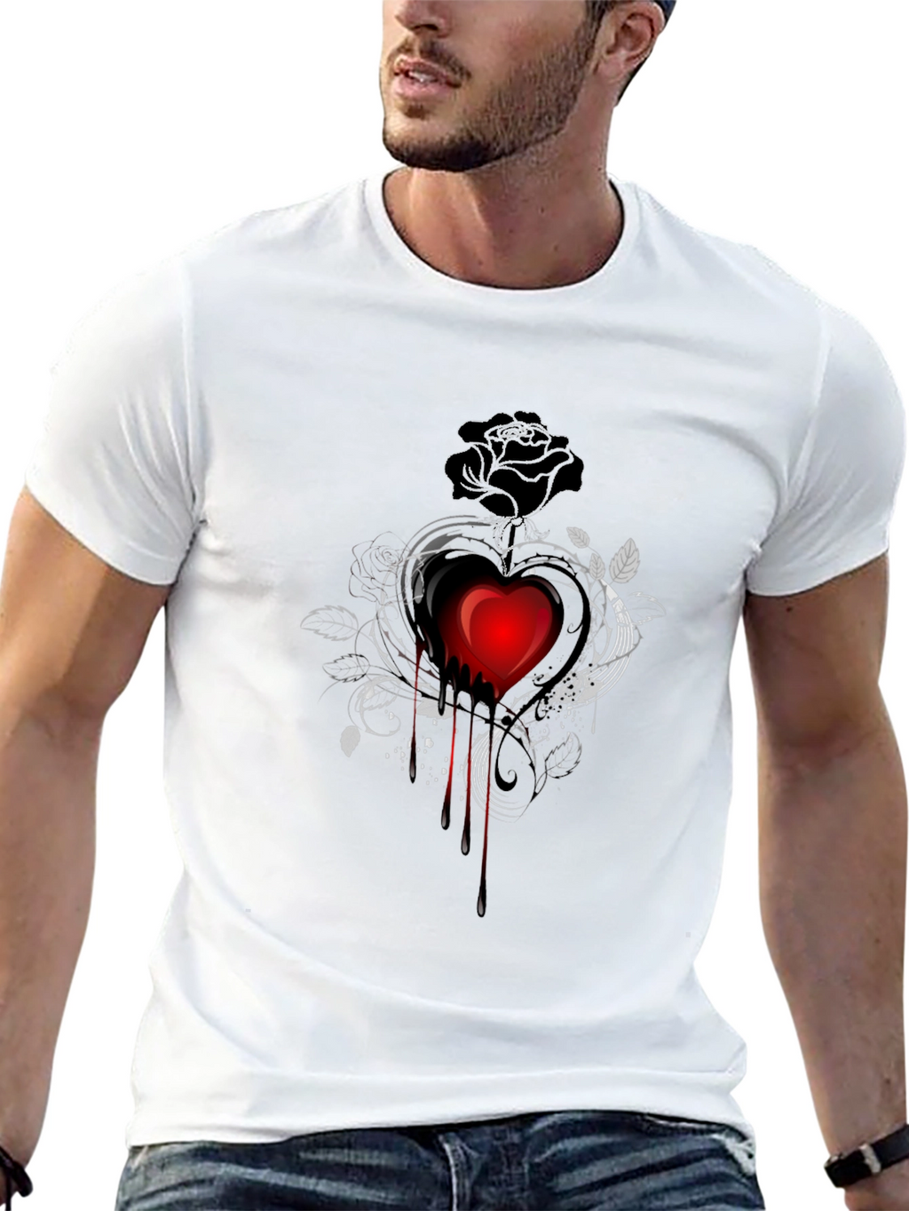 Gothic Heart Rose Graphic Tee - Mens Black Shirt