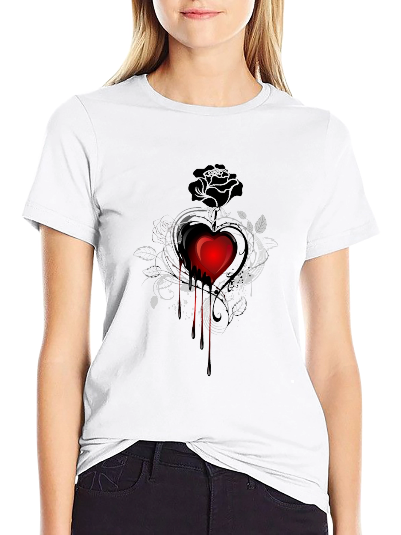 Gothic Heart Rose Graphic Tee - Mens Black Shirt