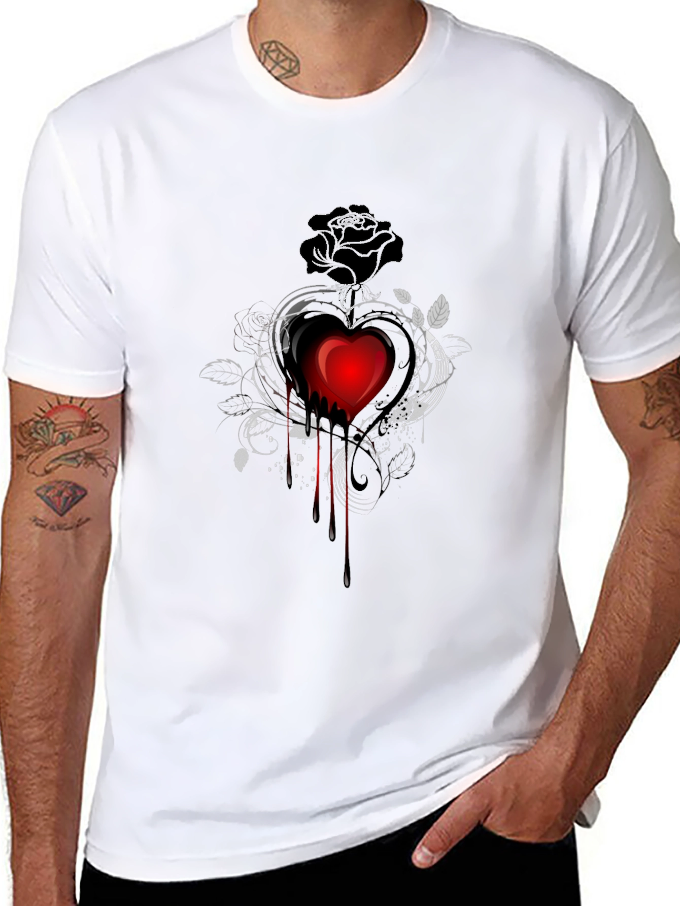 Gothic Heart Rose Graphic Tee - Mens Black Shirt
