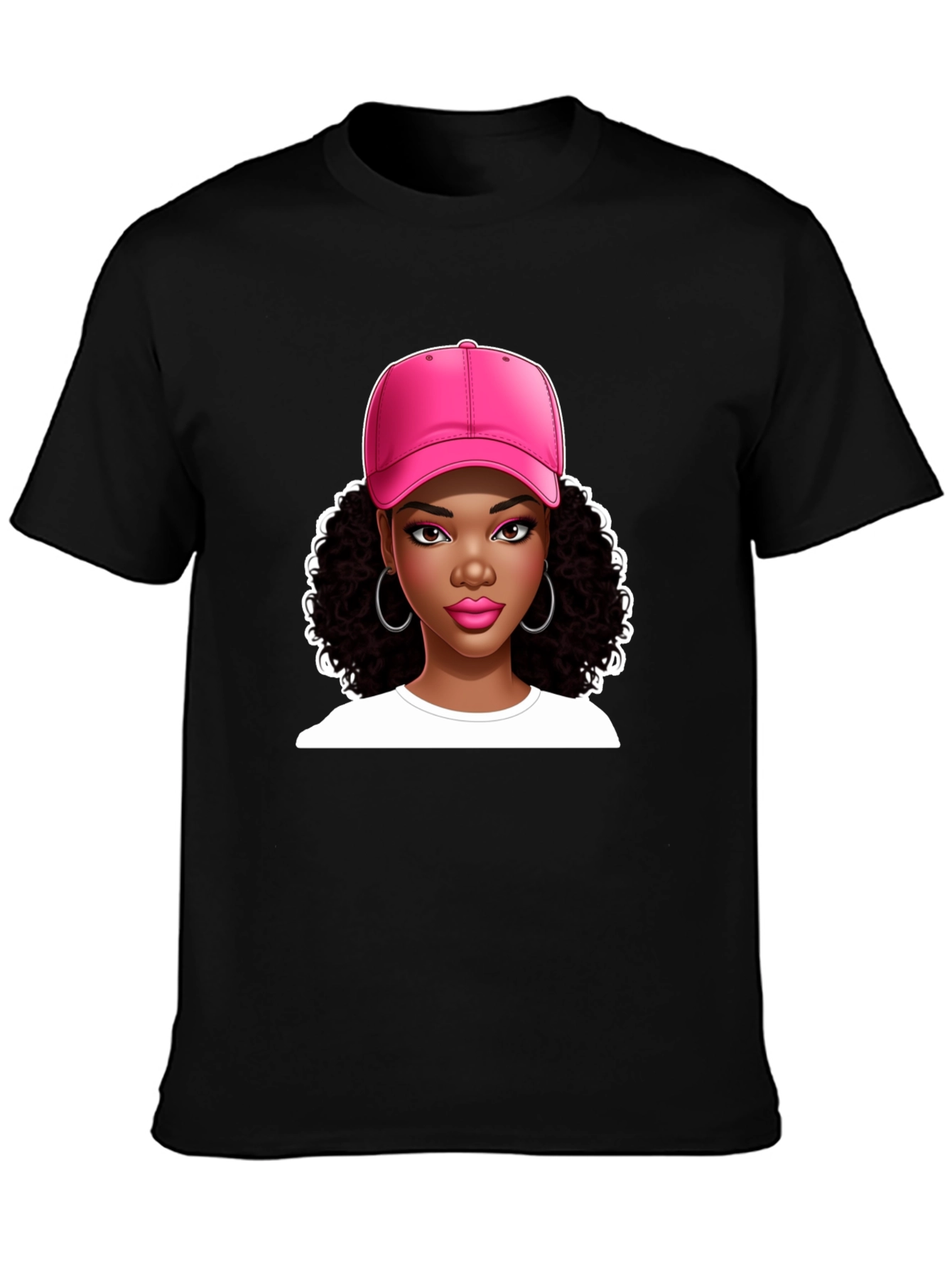 Stylish Graphic Tee - Woman in Pink Cap