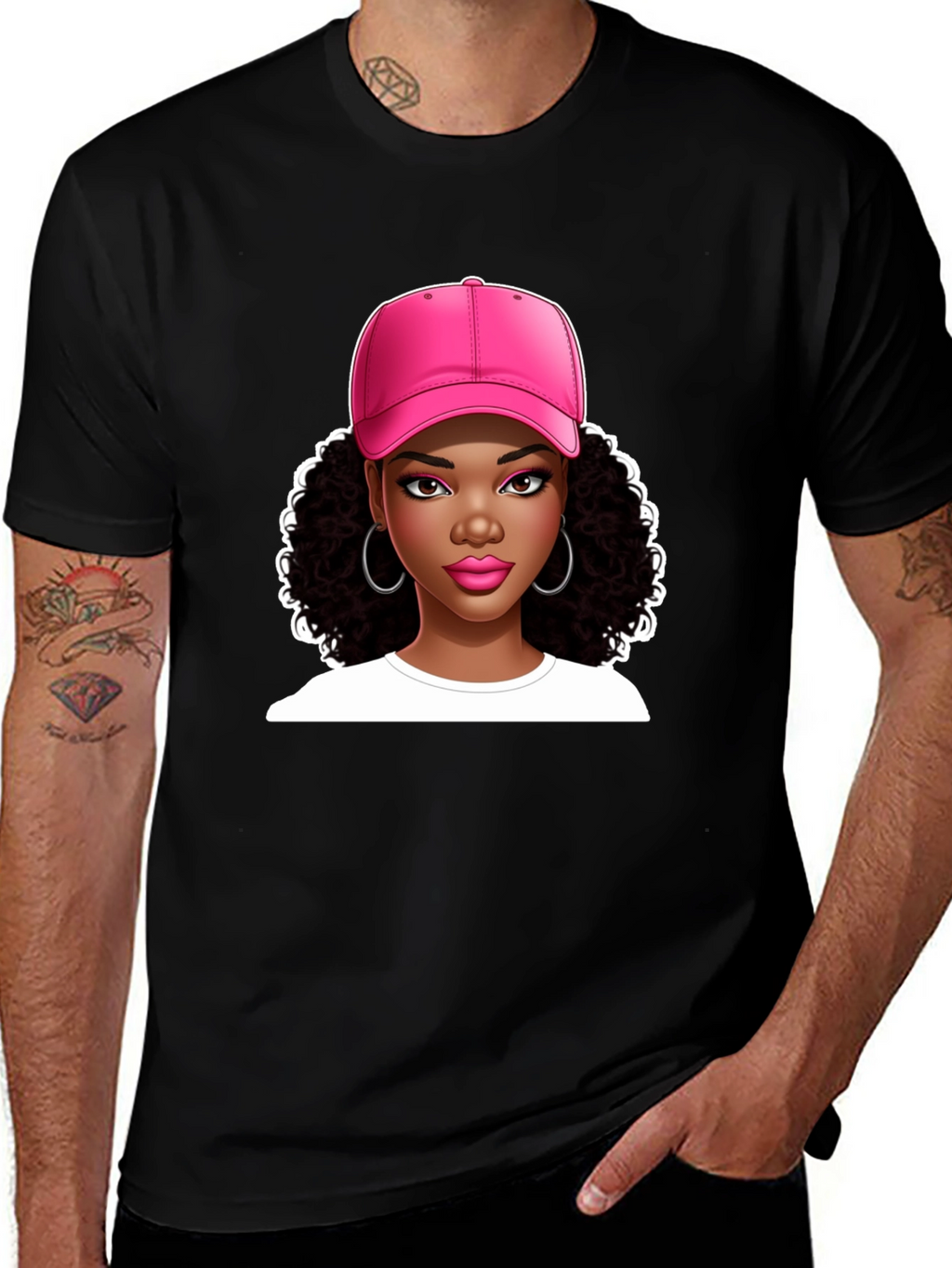 Stylish Graphic Tee - Woman in Pink Cap