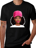 Stylish Graphic Tee - Woman in Pink Cap