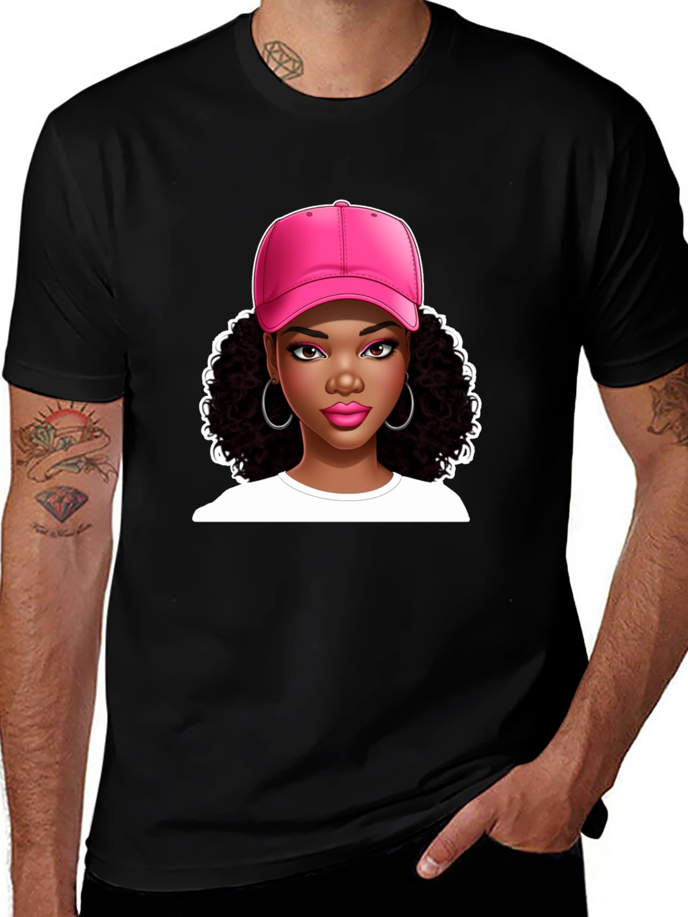 Stylish Graphic Tee - Woman in Pink Cap