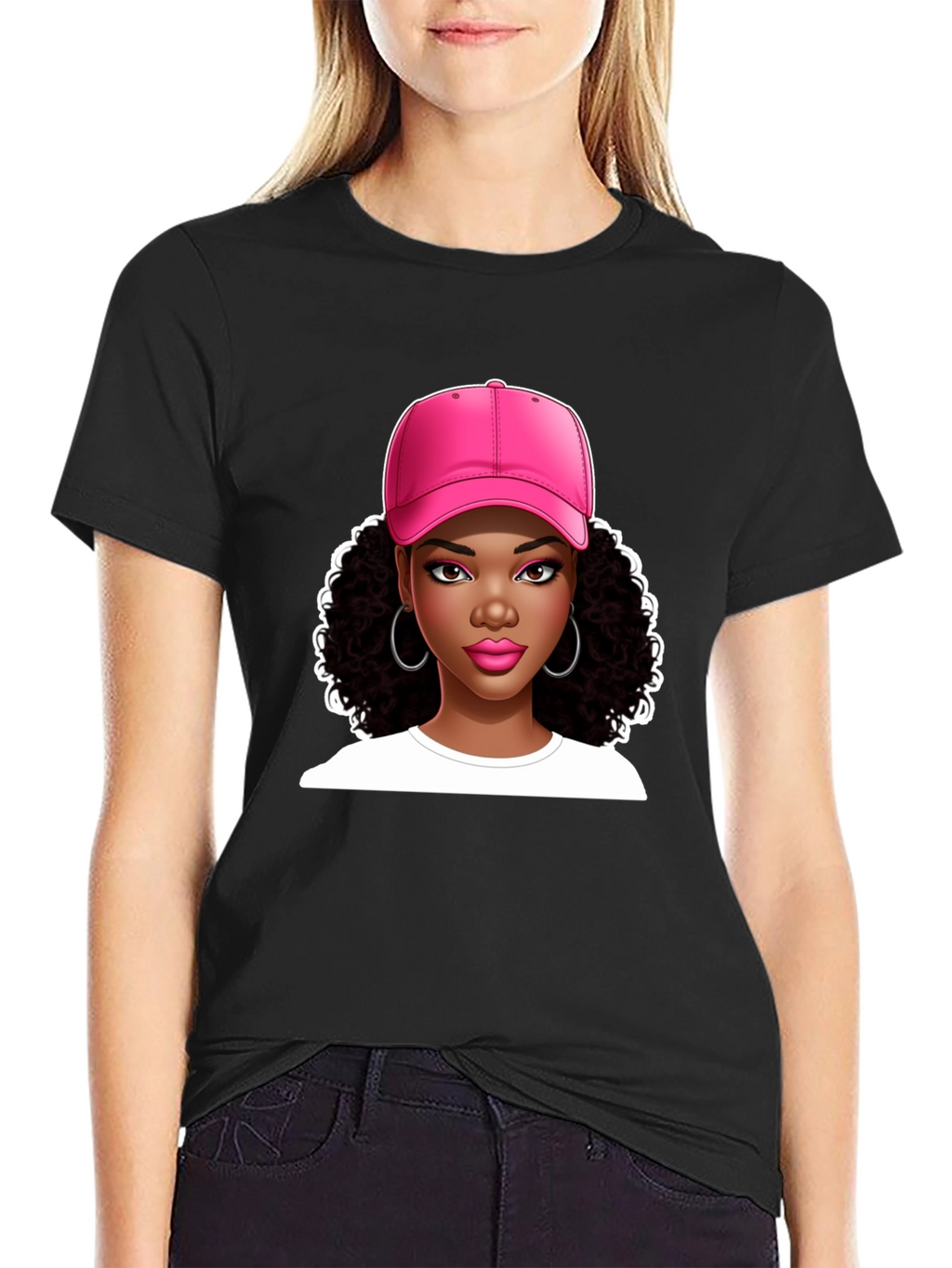 Stylish Graphic Tee - Woman in Pink Cap