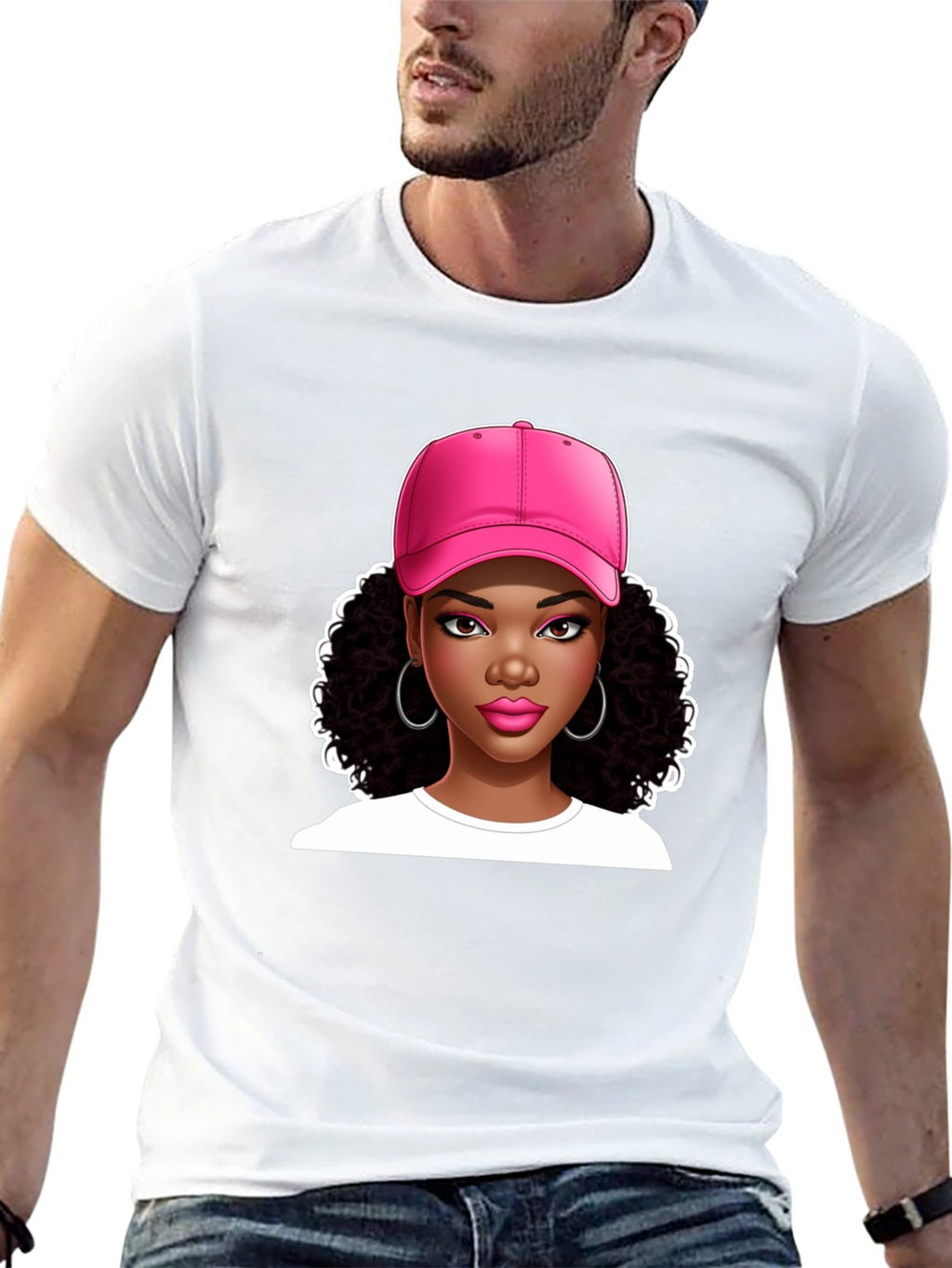 Stylish Graphic Tee - Woman in Pink Cap
