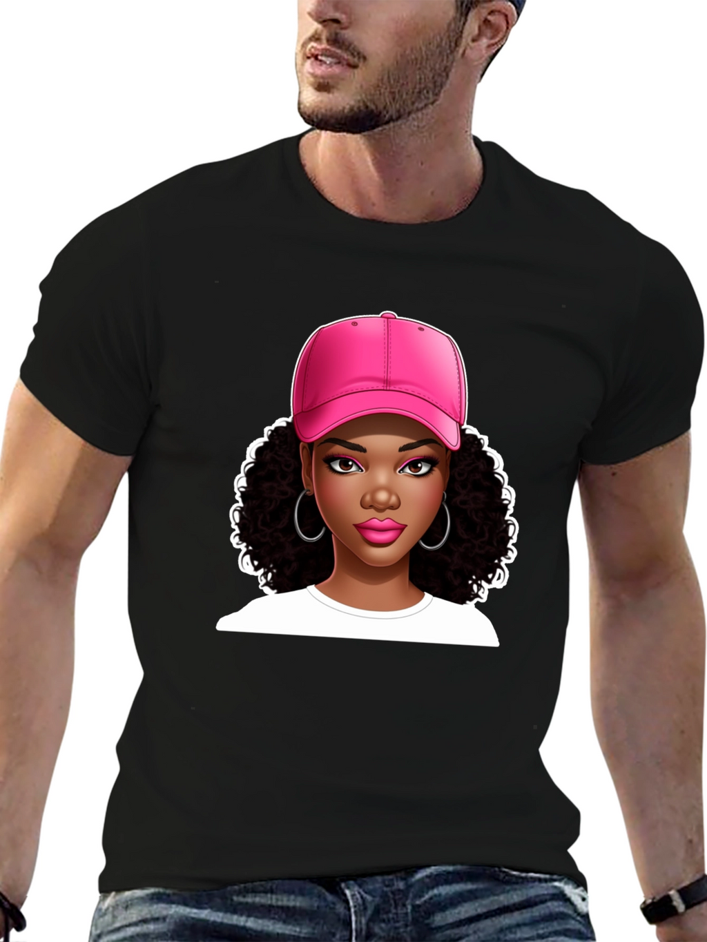 Stylish Graphic Tee - Woman in Pink Cap