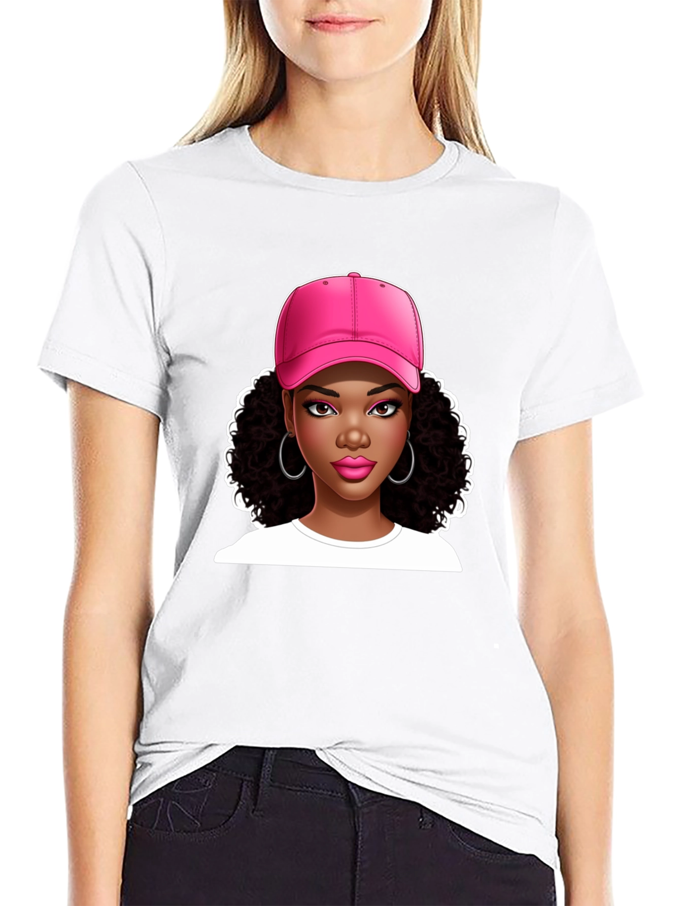 Stylish Graphic Tee - Woman in Pink Cap