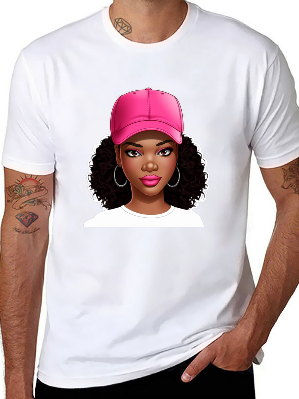 Stylish Graphic Tee - Woman in Pink Cap