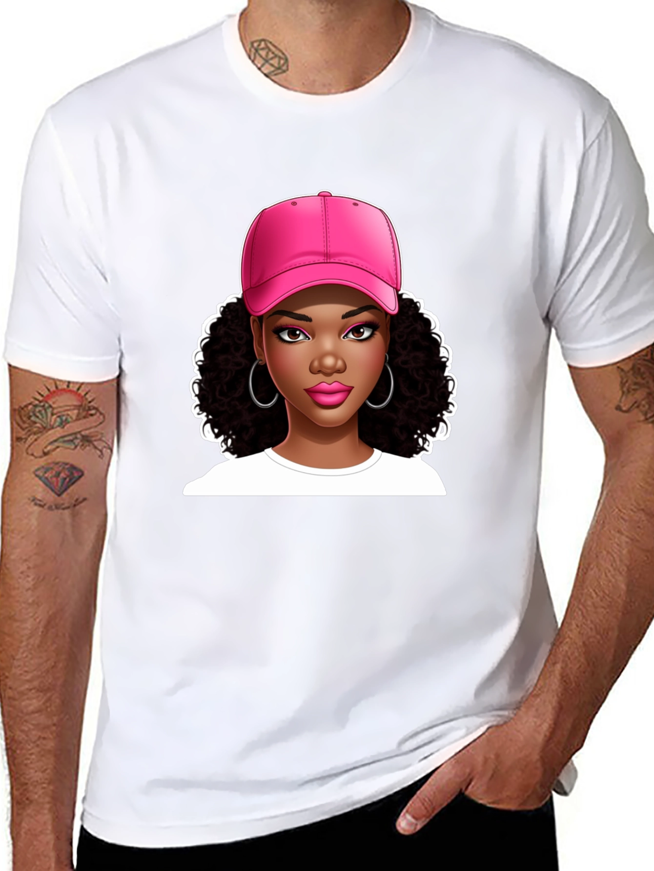 Stylish Graphic Tee - Woman in Pink Cap
