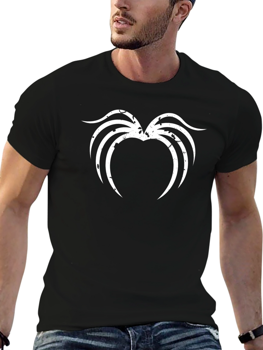 Black T-Shirt with Distressed White Abstract Design