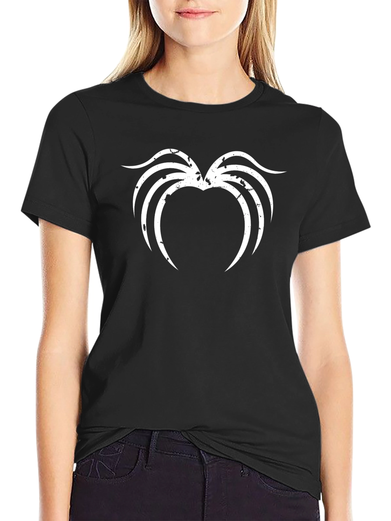 Black T-Shirt with Distressed White Abstract Design