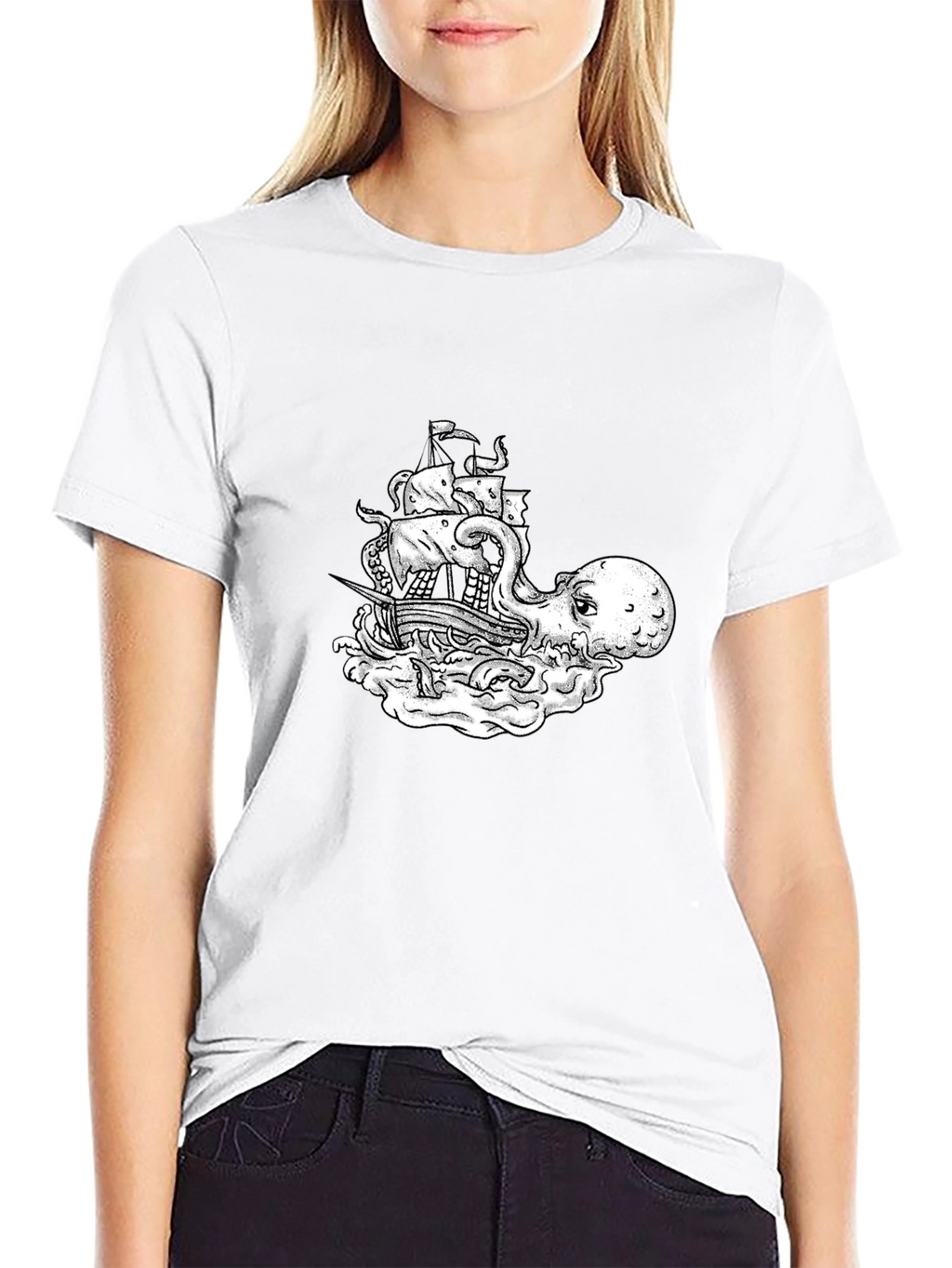 Octopus Pirate Ship Graphic Tee - Black Cotton