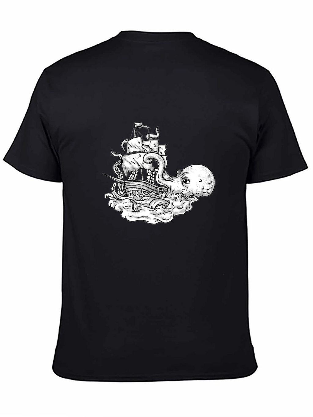 Octopus Pirate Ship Graphic Tee - Black Cotton