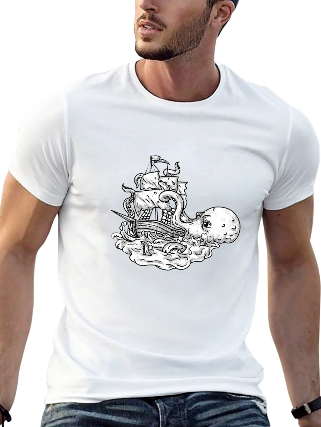 Octopus Pirate Ship Graphic Tee - Black Cotton