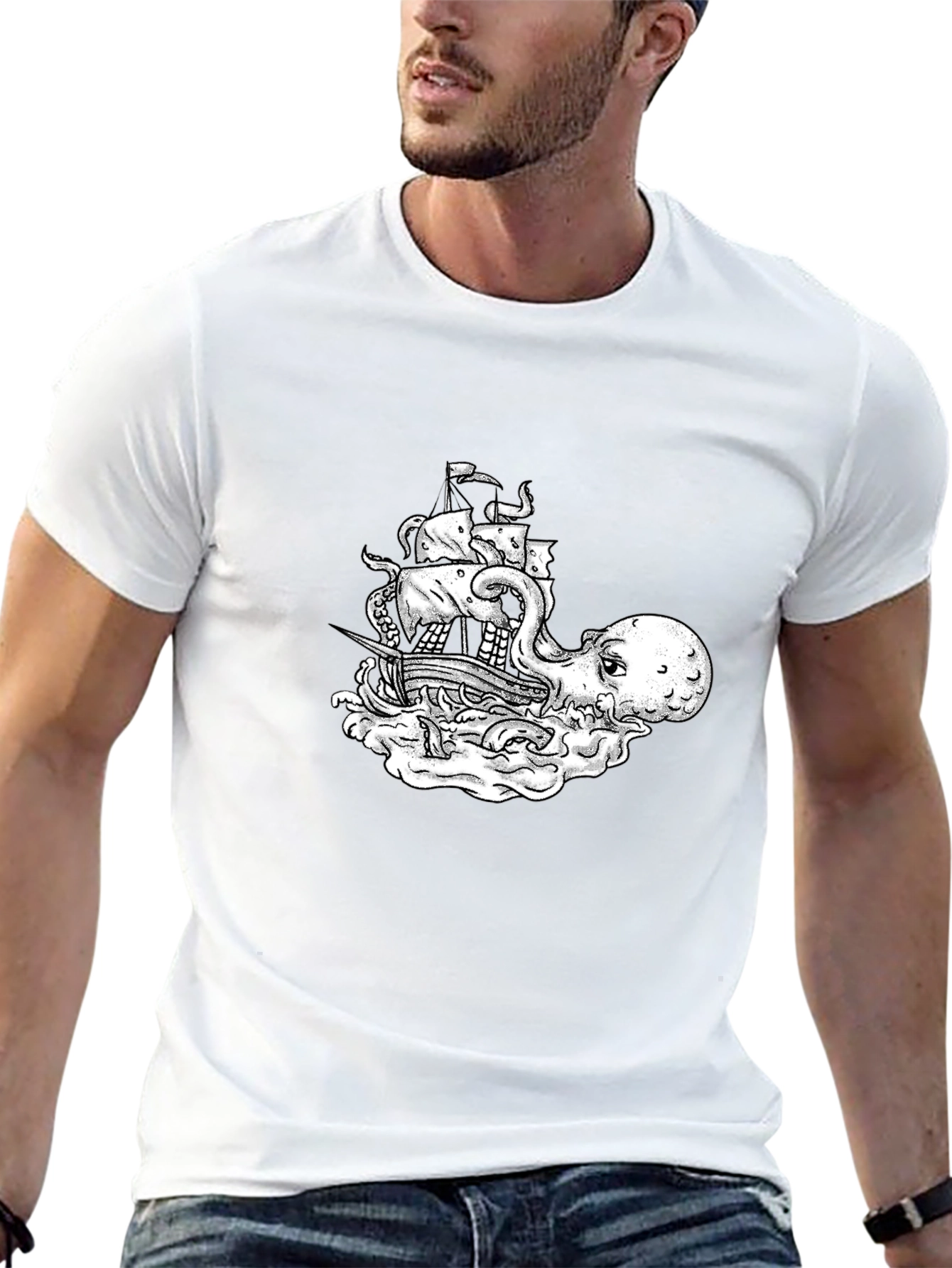 Octopus Pirate Ship Graphic Tee - Black Cotton