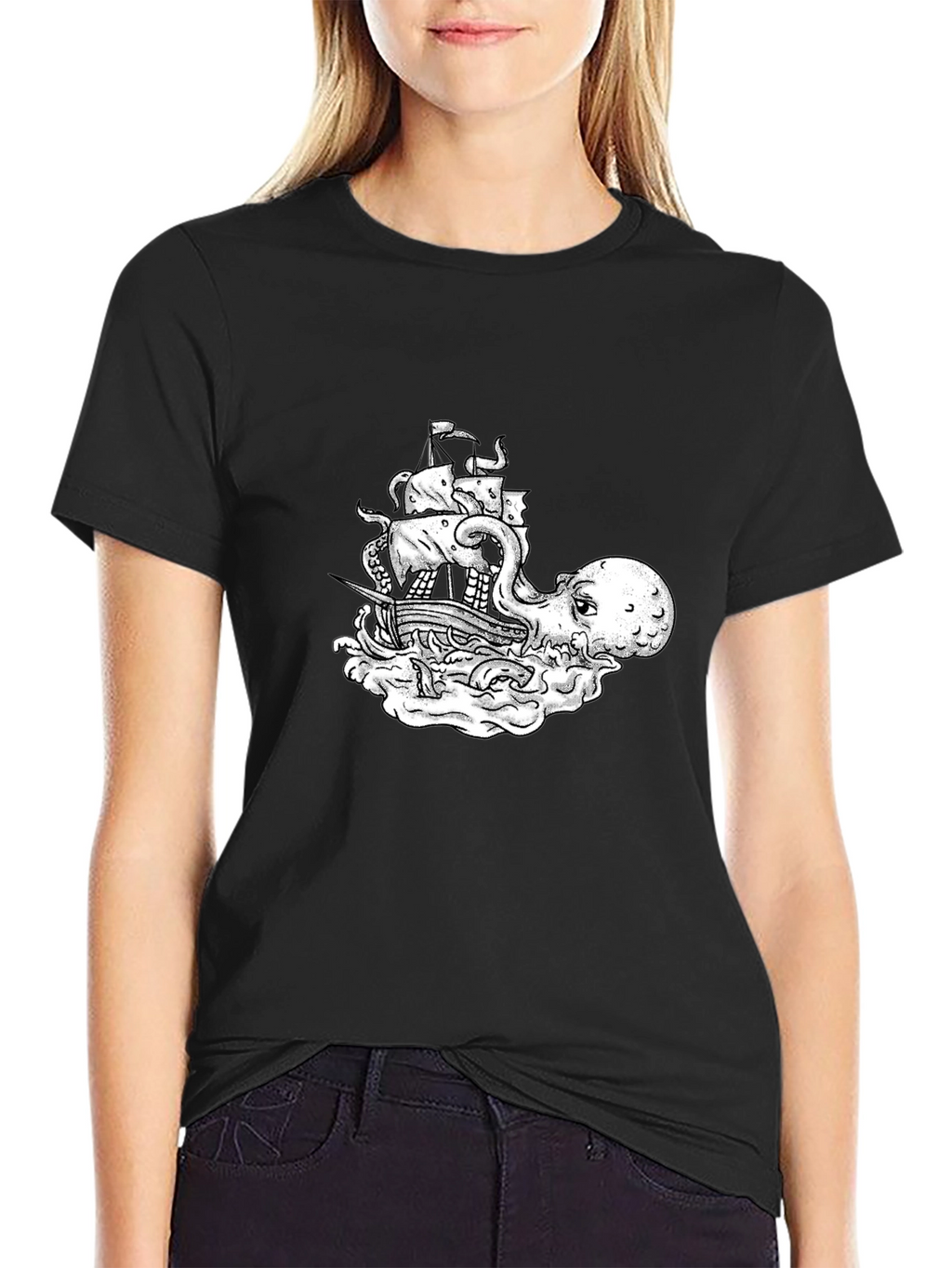 Octopus Pirate Ship Graphic Tee - Black Cotton