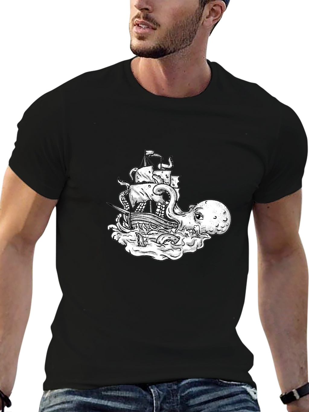 Octopus Pirate Ship Graphic Tee - Black Cotton