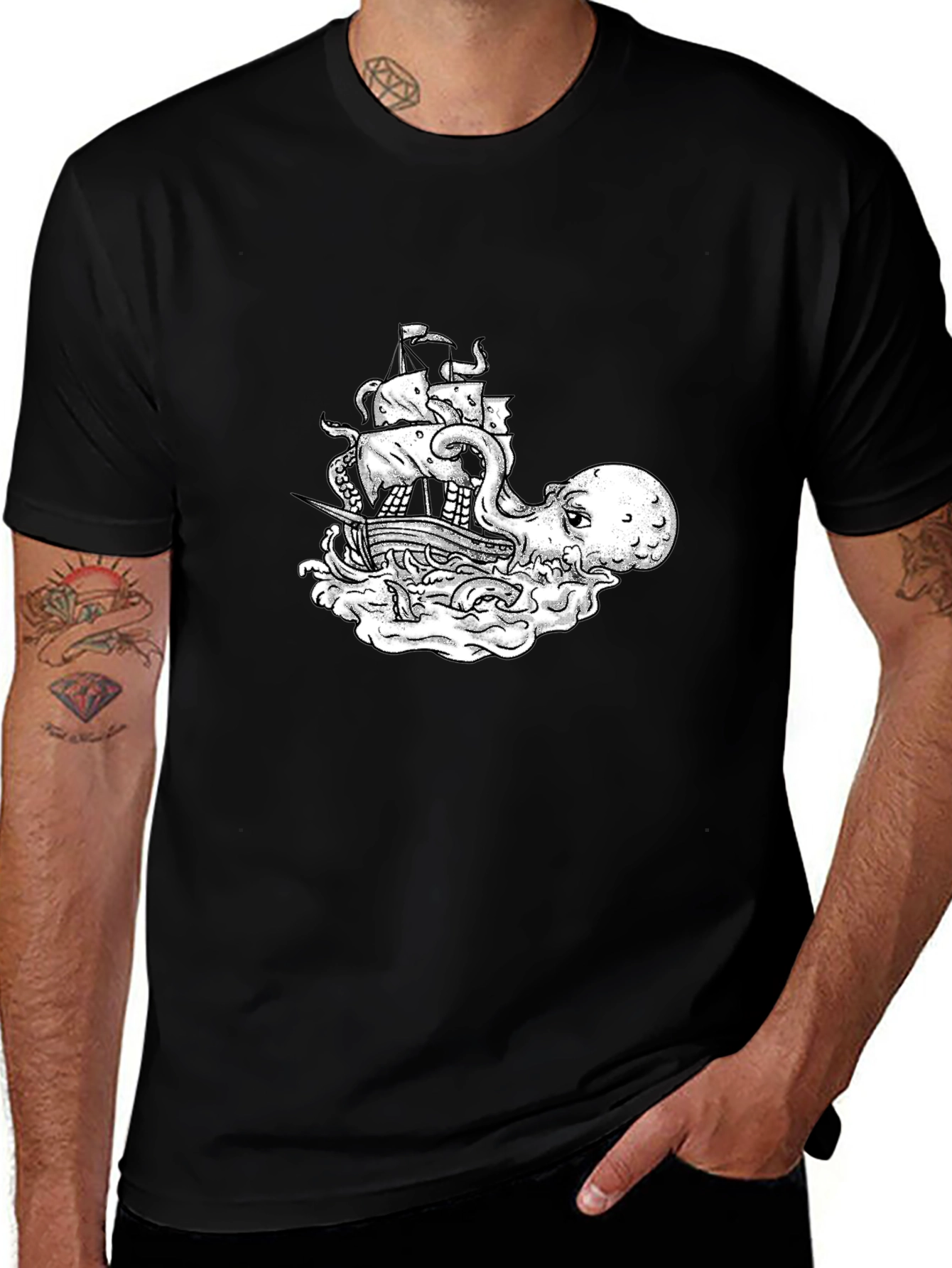 Octopus Pirate Ship Graphic Tee - Black Cotton