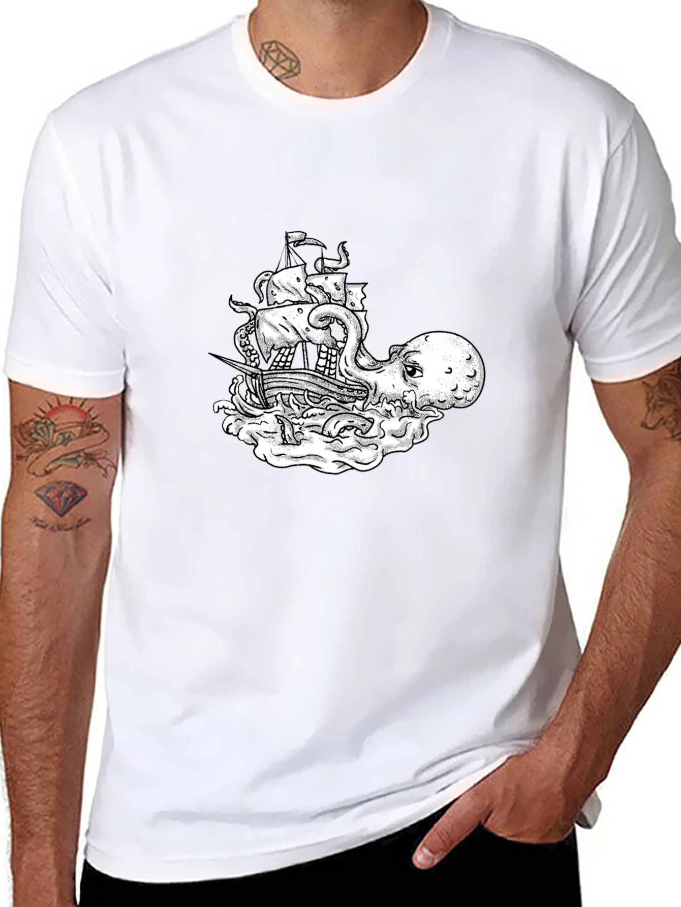Octopus Pirate Ship Graphic Tee - Black Cotton