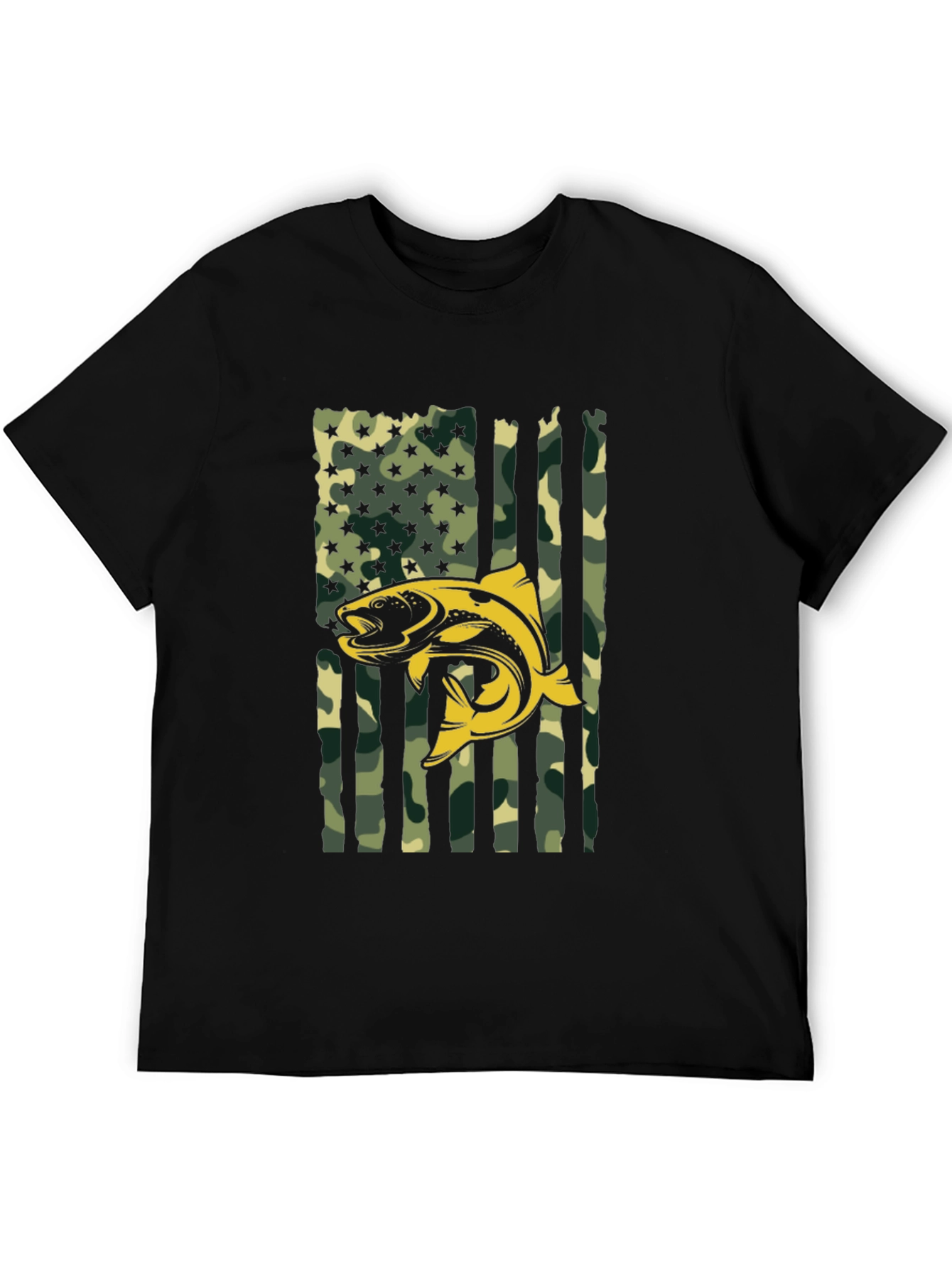 Mens Camo American Flag Fish Graphic T-Shirt