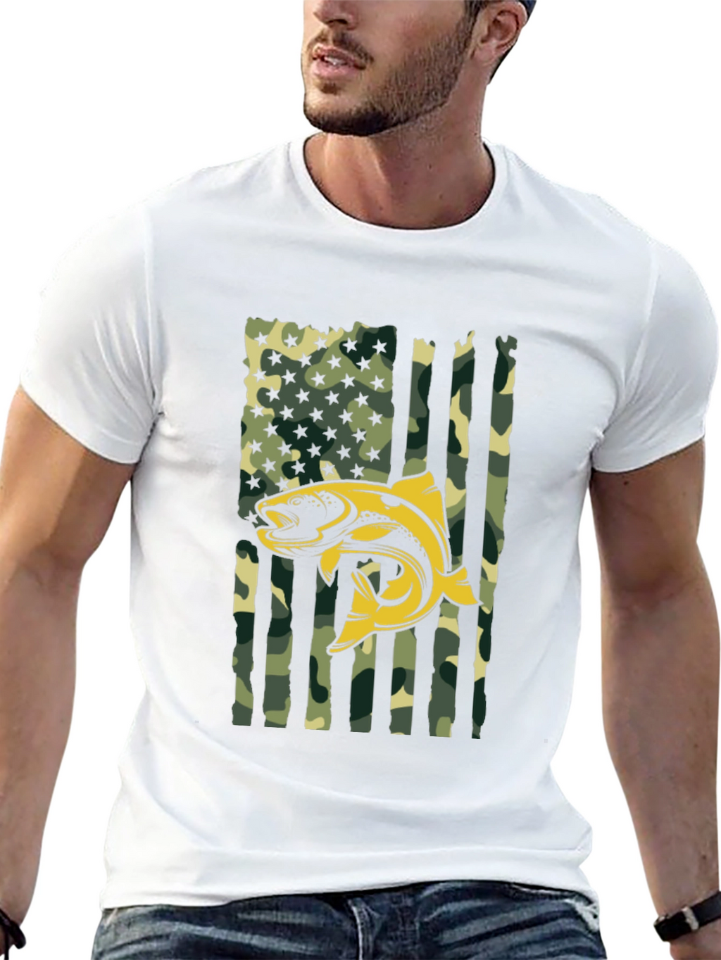 Mens Camo American Flag Fish Graphic T-Shirt