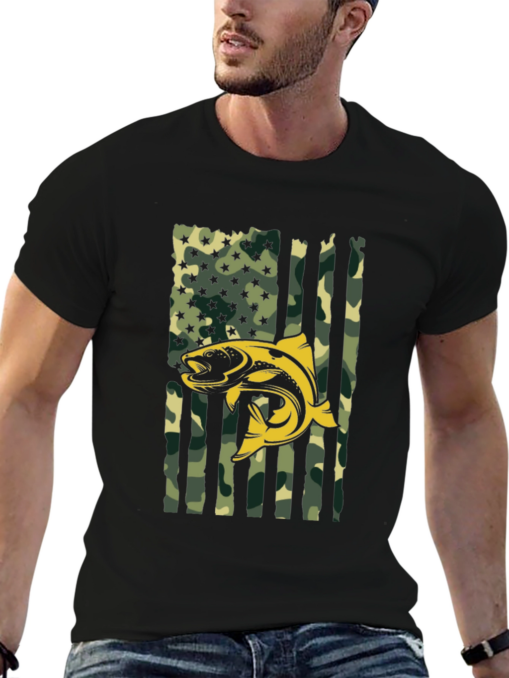 Mens Camo American Flag Fish Graphic T-Shirt
