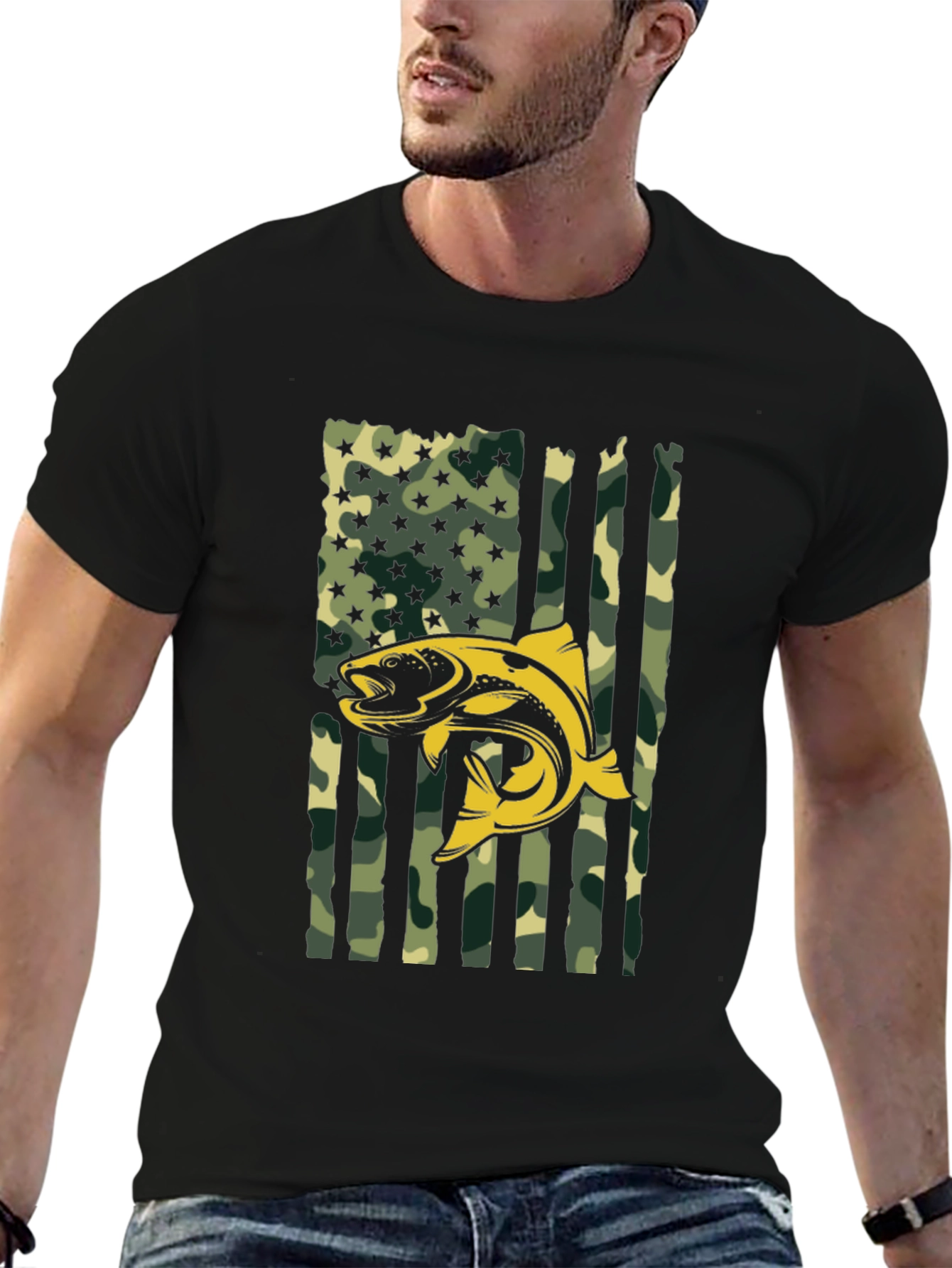 Mens Camo American Flag Fish Graphic T-Shirt