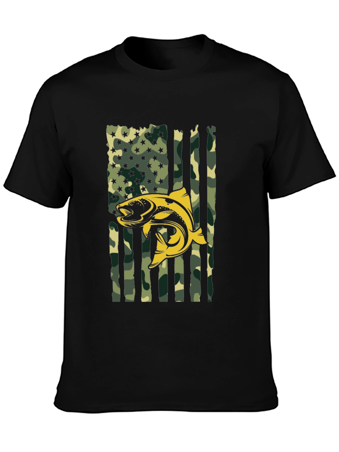 Mens Camo American Flag Fish Graphic T-Shirt