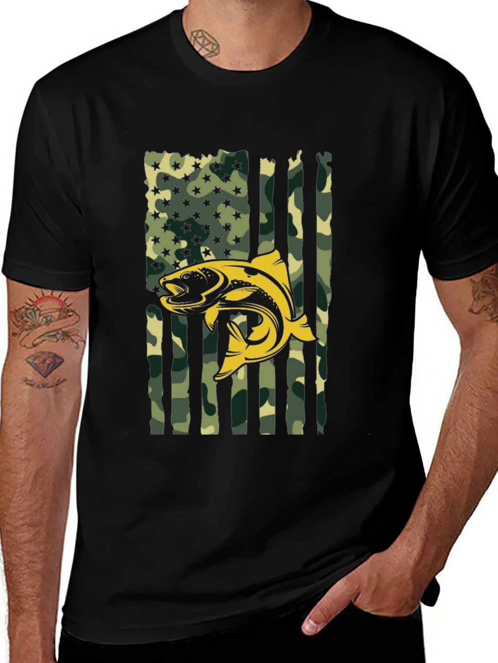 Mens Camo American Flag Fish Graphic T-Shirt
