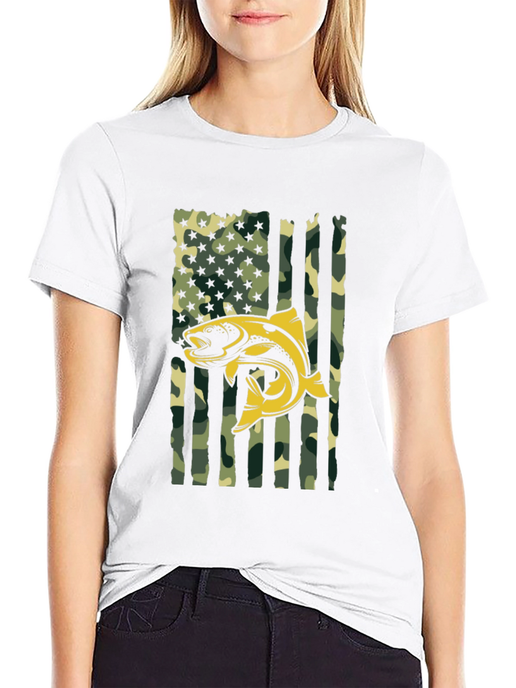 Mens Camo American Flag Fish Graphic T-Shirt