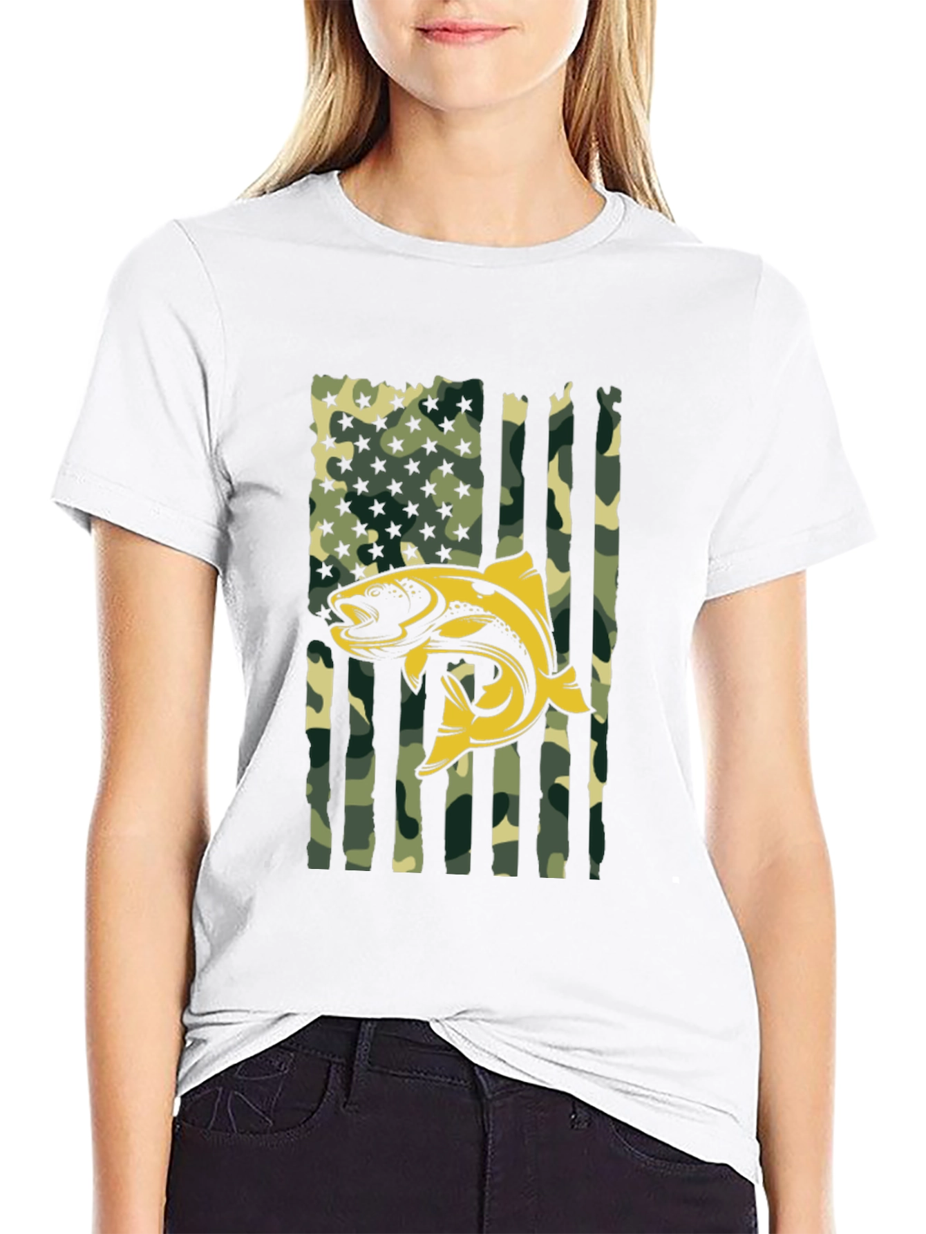 Mens Camo American Flag Fish Graphic T-Shirt