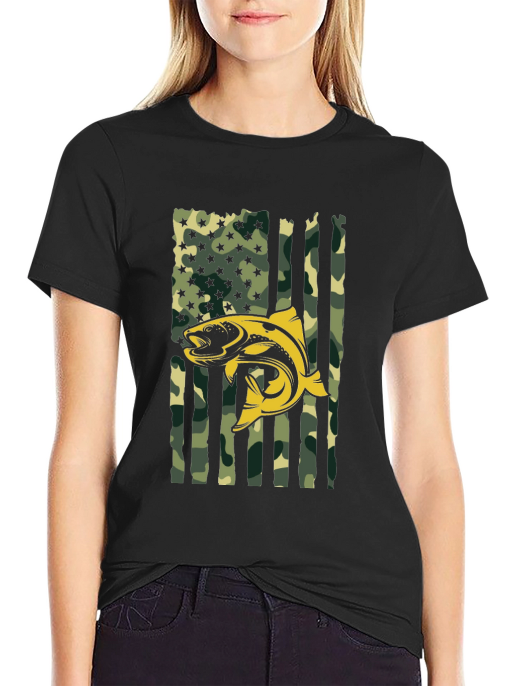 Mens Camo American Flag Fish Graphic T-Shirt