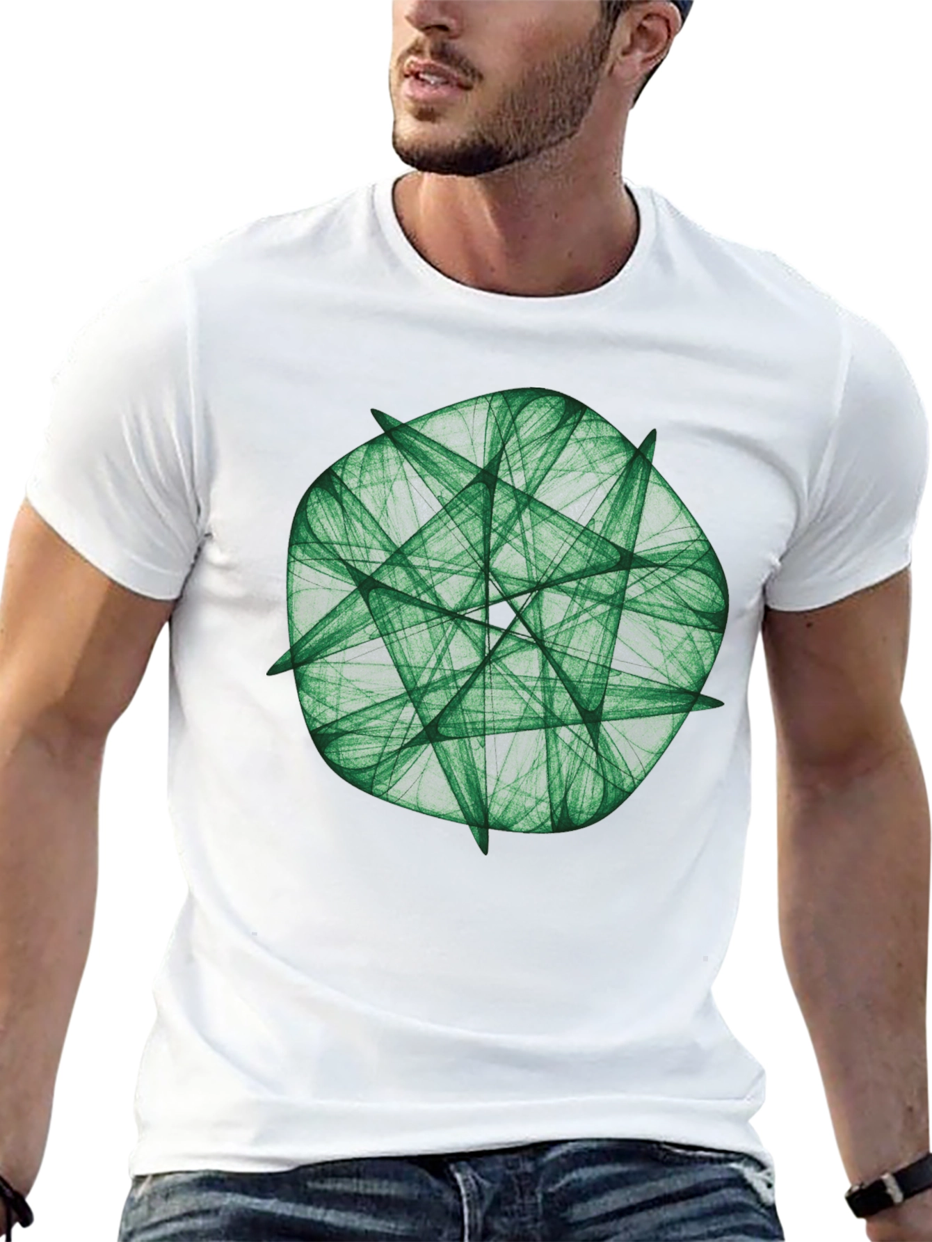 Green Fractal Geometric Graphic Print Black T-Shirt