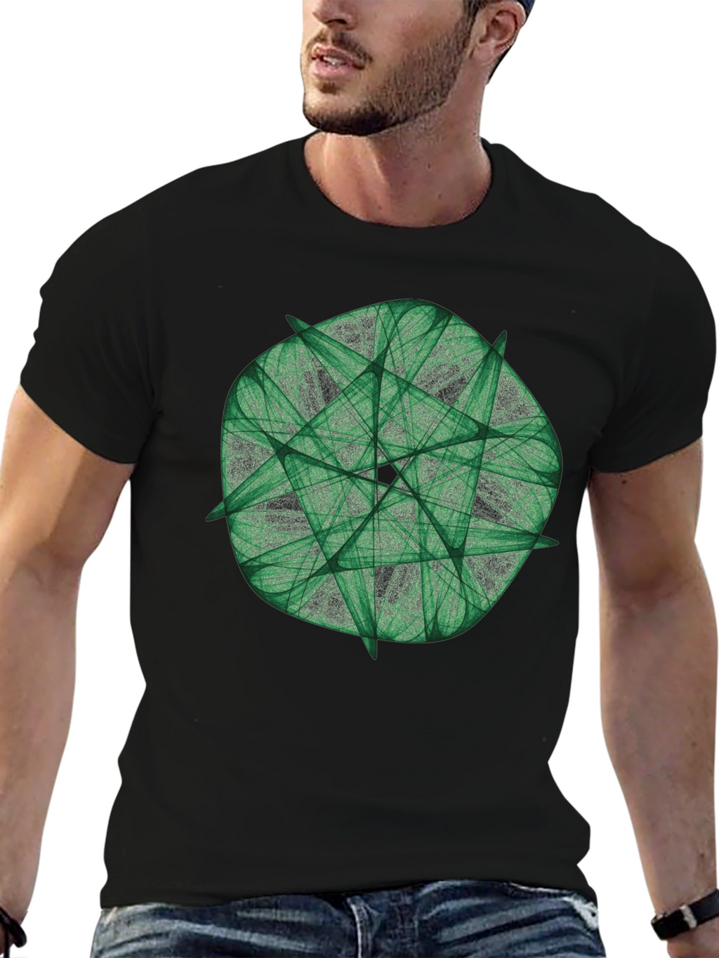 Green Fractal Geometric Graphic Print Black T-Shirt