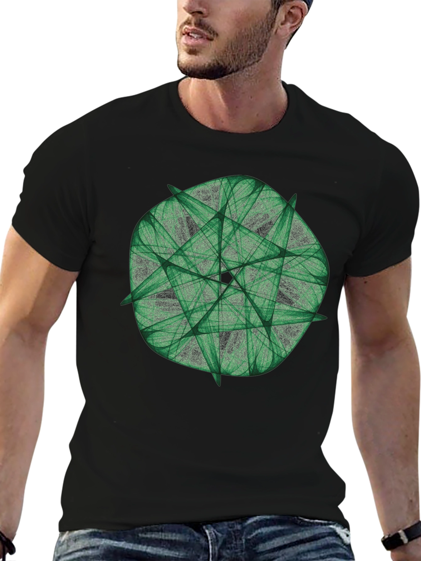 Green Fractal Geometric Graphic Print Black T-Shirt